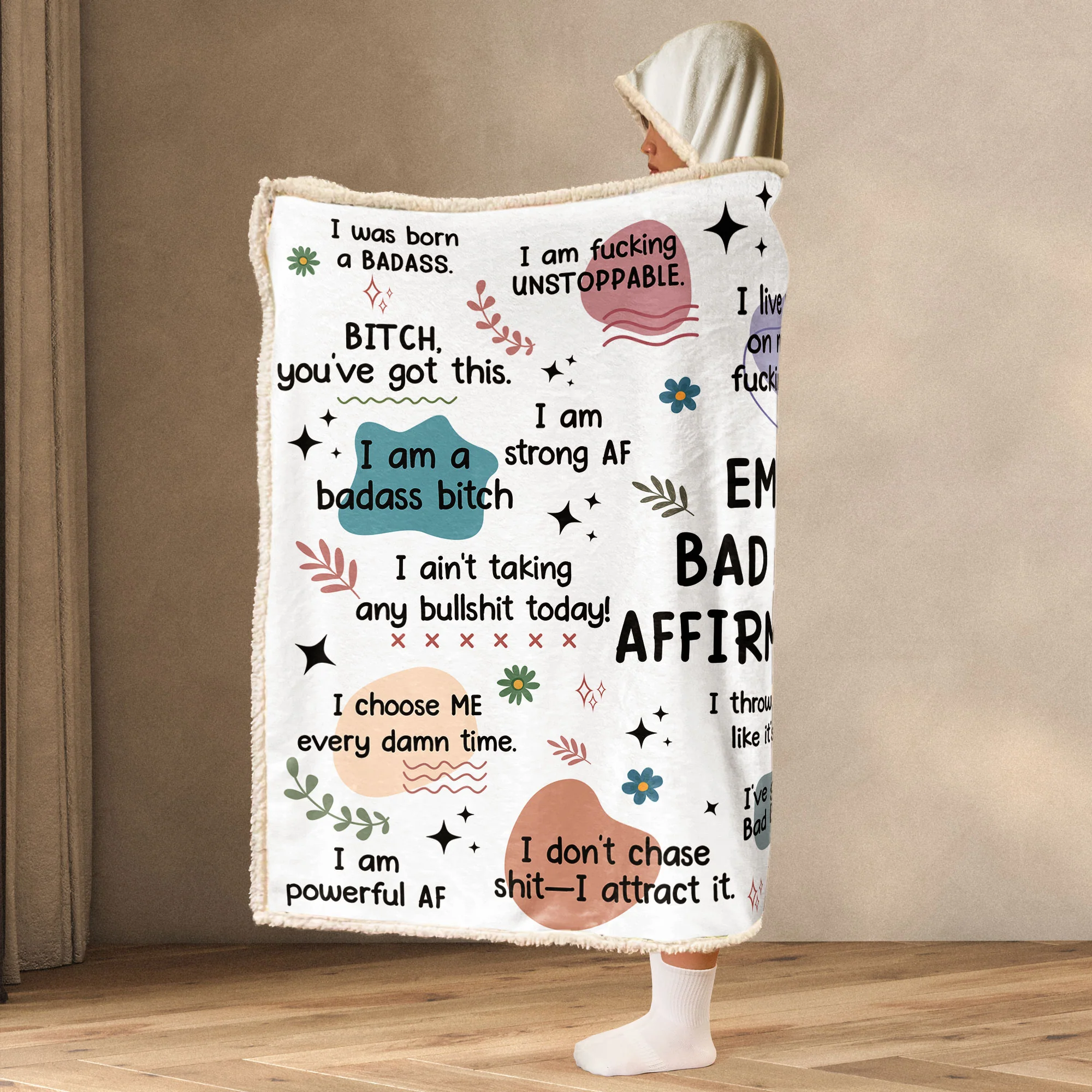 Bad B*tch Affirmations Blanket - Personalized Wearable Blanket Hoodie - Image 3
