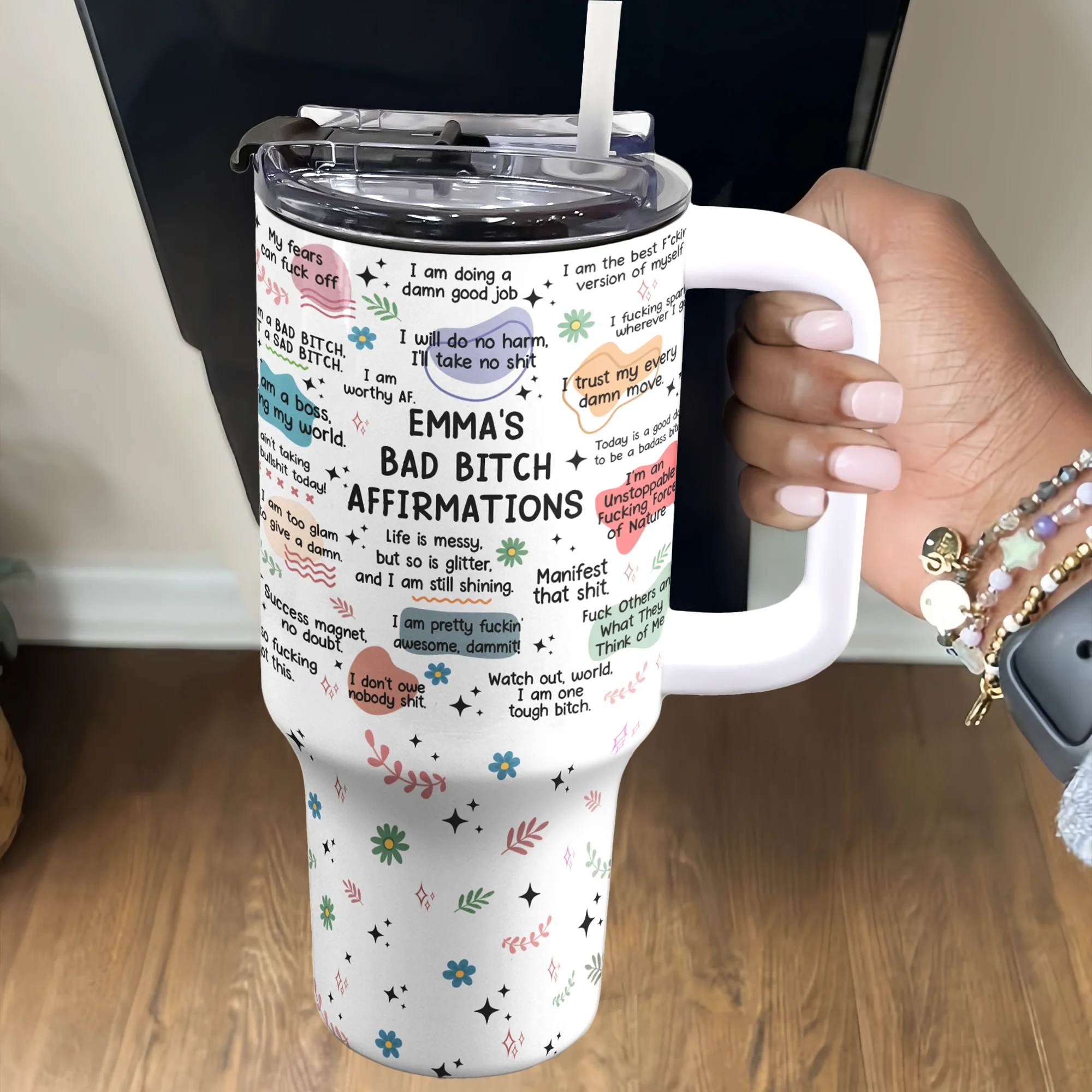 Bad B*Tch Affirmations - Funny Gifts For Coworkers, Friends - Personalized 40oz Tumbler With Straw - Image 2