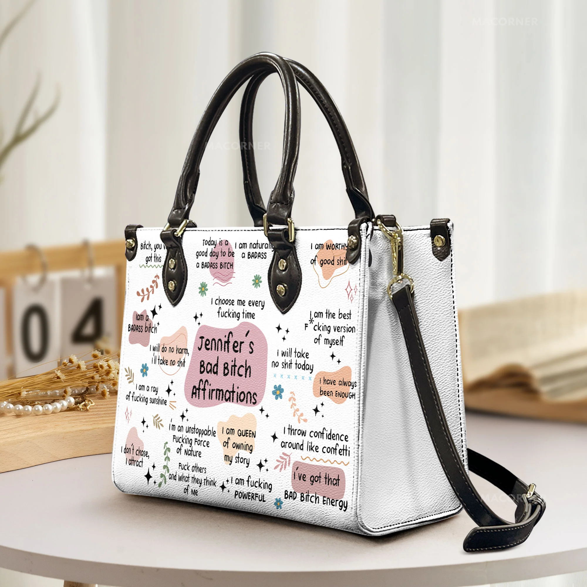 Bad B*tch Affirmations - Funny Gifts For Coworkers, Friends - Personalized Leather Bag - Image 2