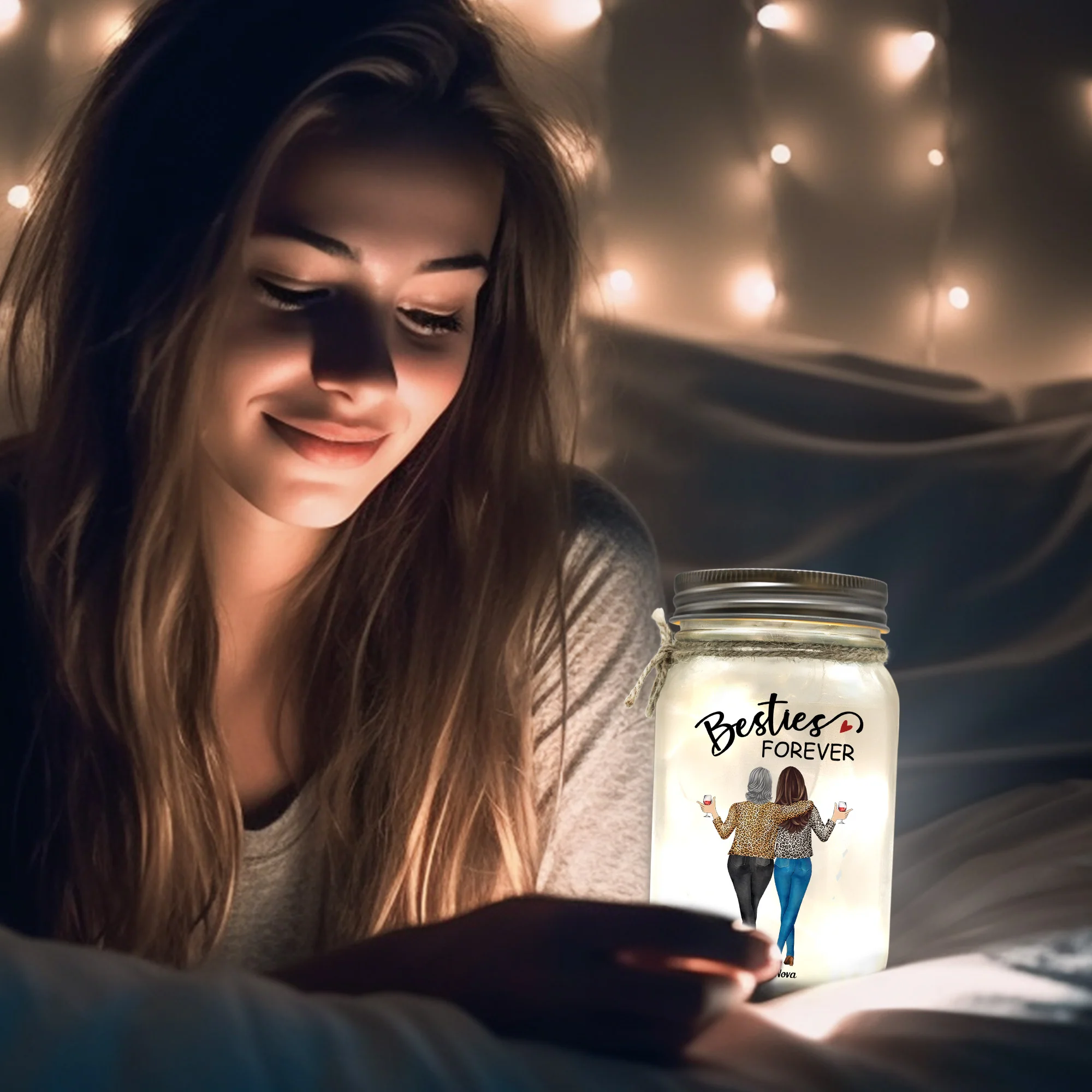 Badass Besties Because Of You I Laugh A Little Harder - Personalized Mason Jar Light - Image 5