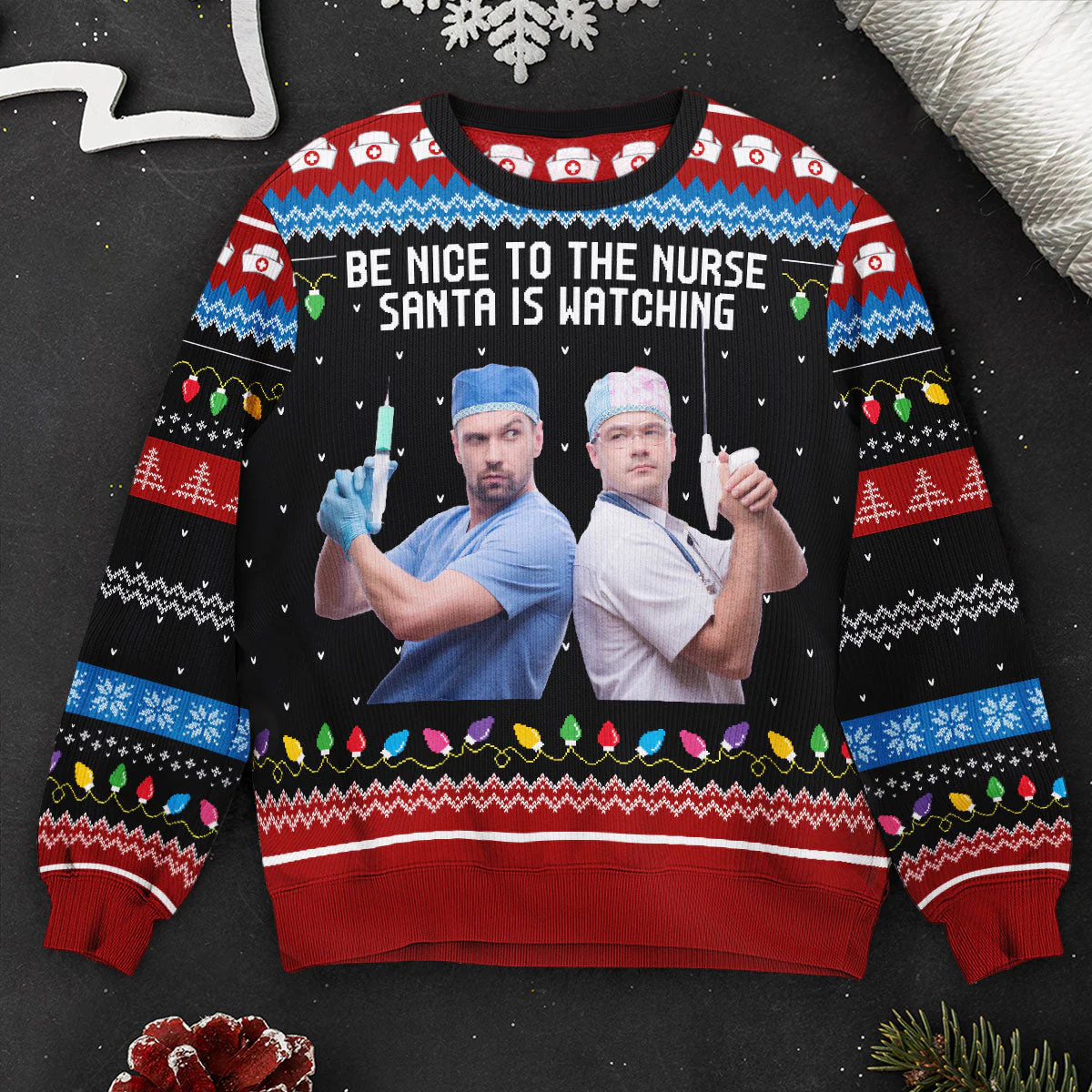 Be Nice To The Nurse Santa Is Watching - Personalized Photo Ugly Sweater - Image 2
