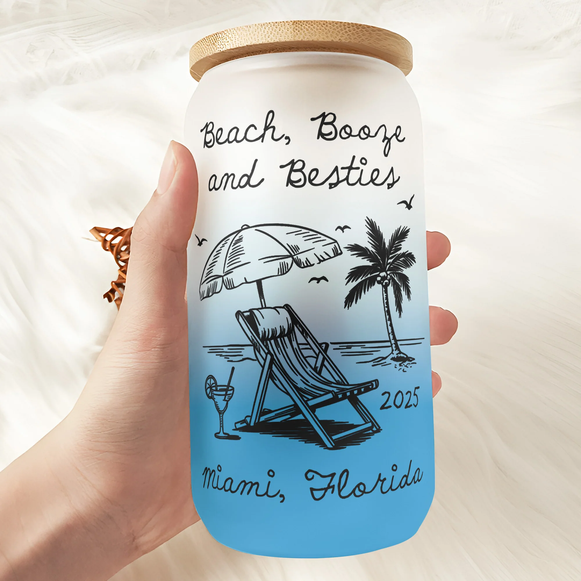 Beach, Booze And Besties - Summer Girls Trip - Personalized Frosted Glass Cup - Image 3
