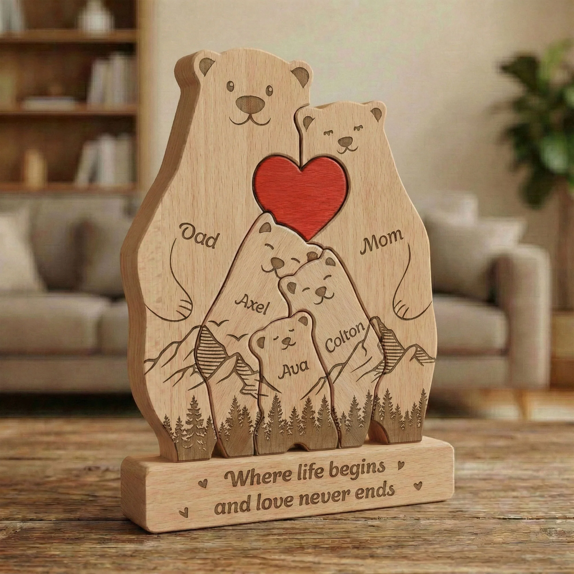 Bear Family, Mama Bear, Daddy Bear & Baby Cubs - Forest Style - Personalized Wooden Family Puzzle - Image 2