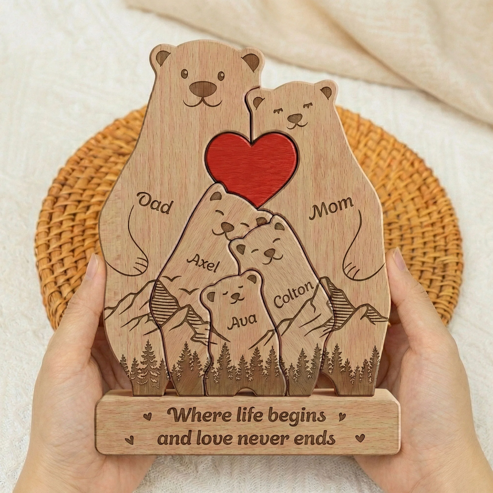 Bear Family, Mama Bear, Daddy Bear & Baby Cubs - Forest Style - Personalized Wooden Family Puzzle - Image 3