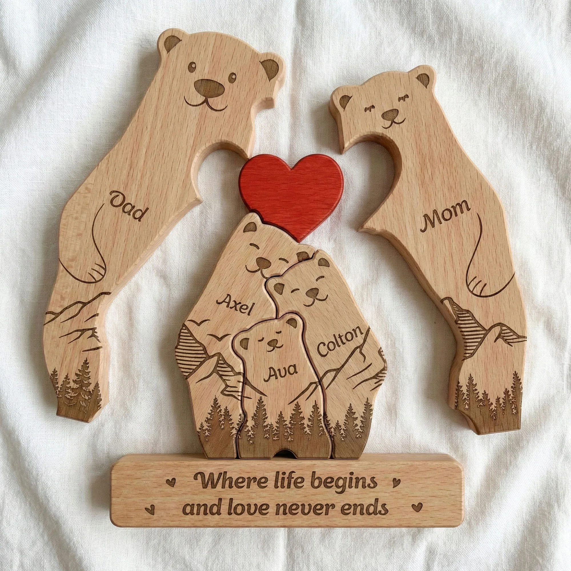 Bear Family, Mama Bear, Daddy Bear & Baby Cubs - Forest Style - Personalized Wooden Family Puzzle - Image 4