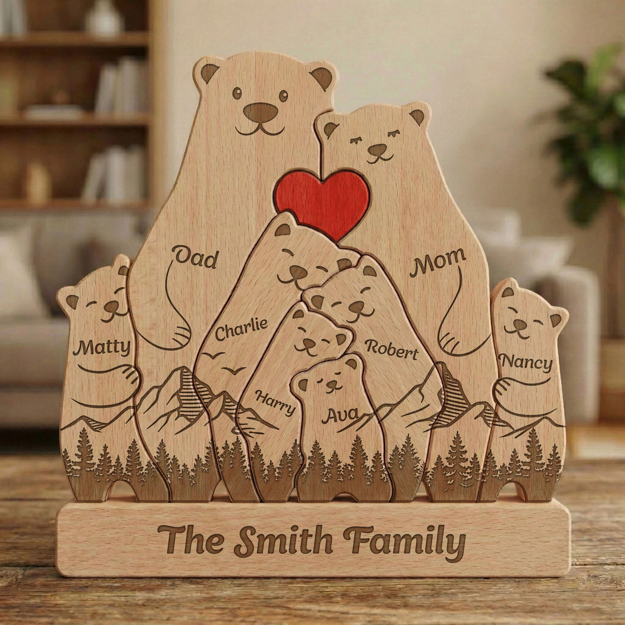Bear Family, Mama Bear, Daddy Bear & Baby Cubs - Forest Style - Personalized Wooden Family Puzzle - Image 5