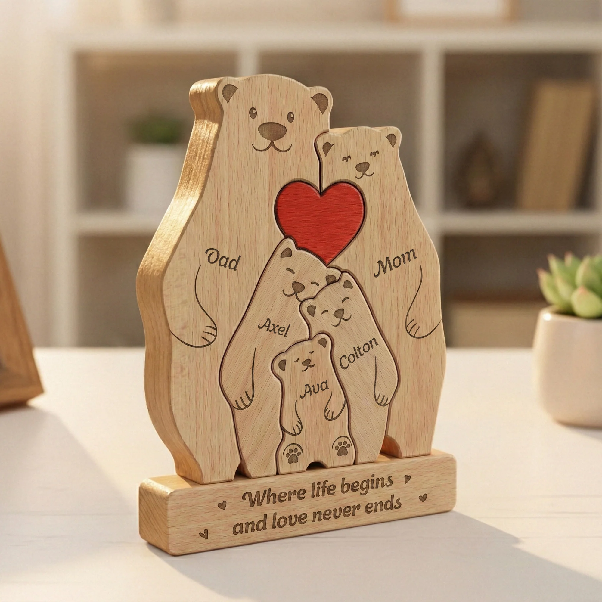 Bear Family, Mama Bear, Daddy Bear & Baby Cubs - Personalized Wooden Family Puzzle - Image 2