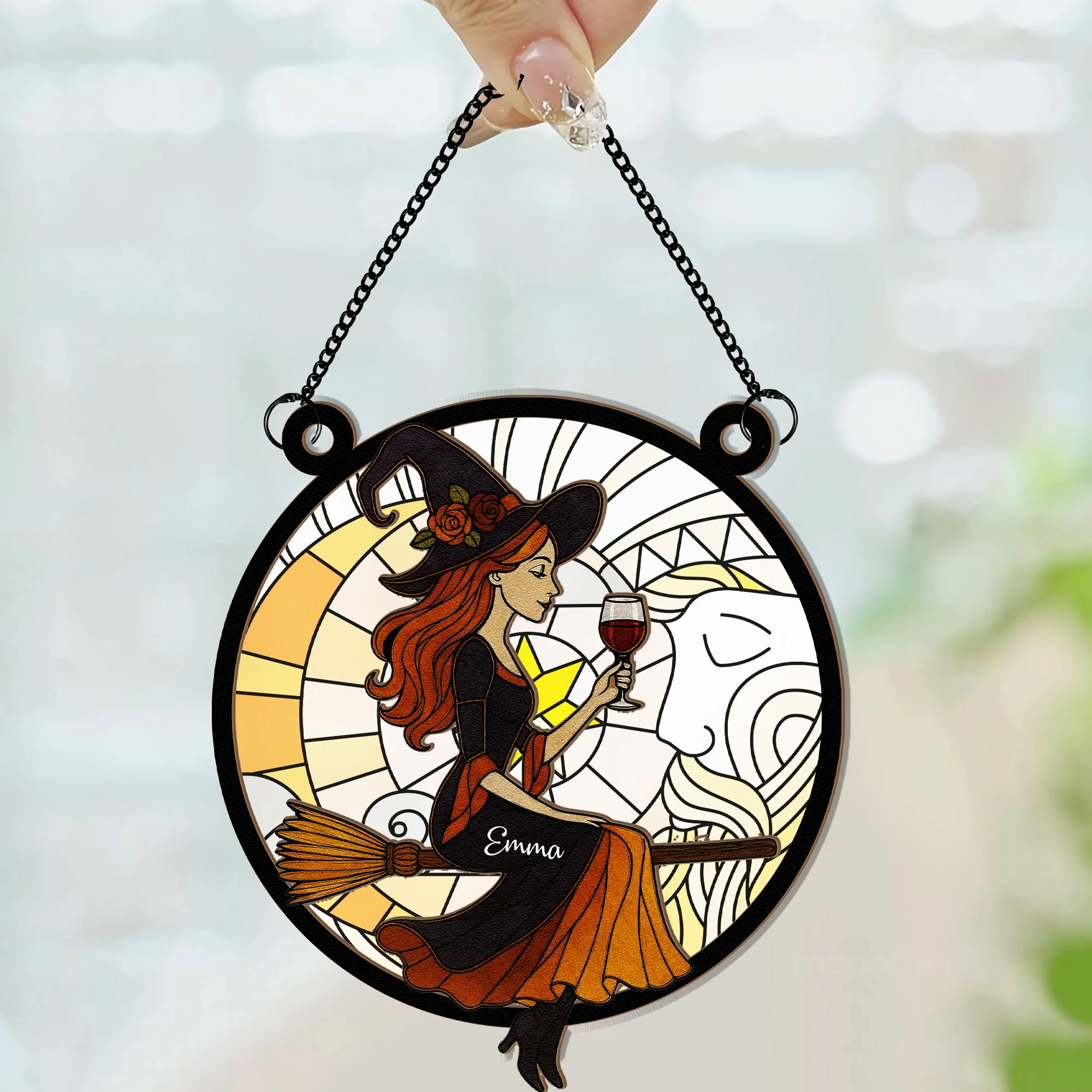 Beautiful Witch Drink Wine - Personalized Window Hanging Suncatcher Ornament - Image 2