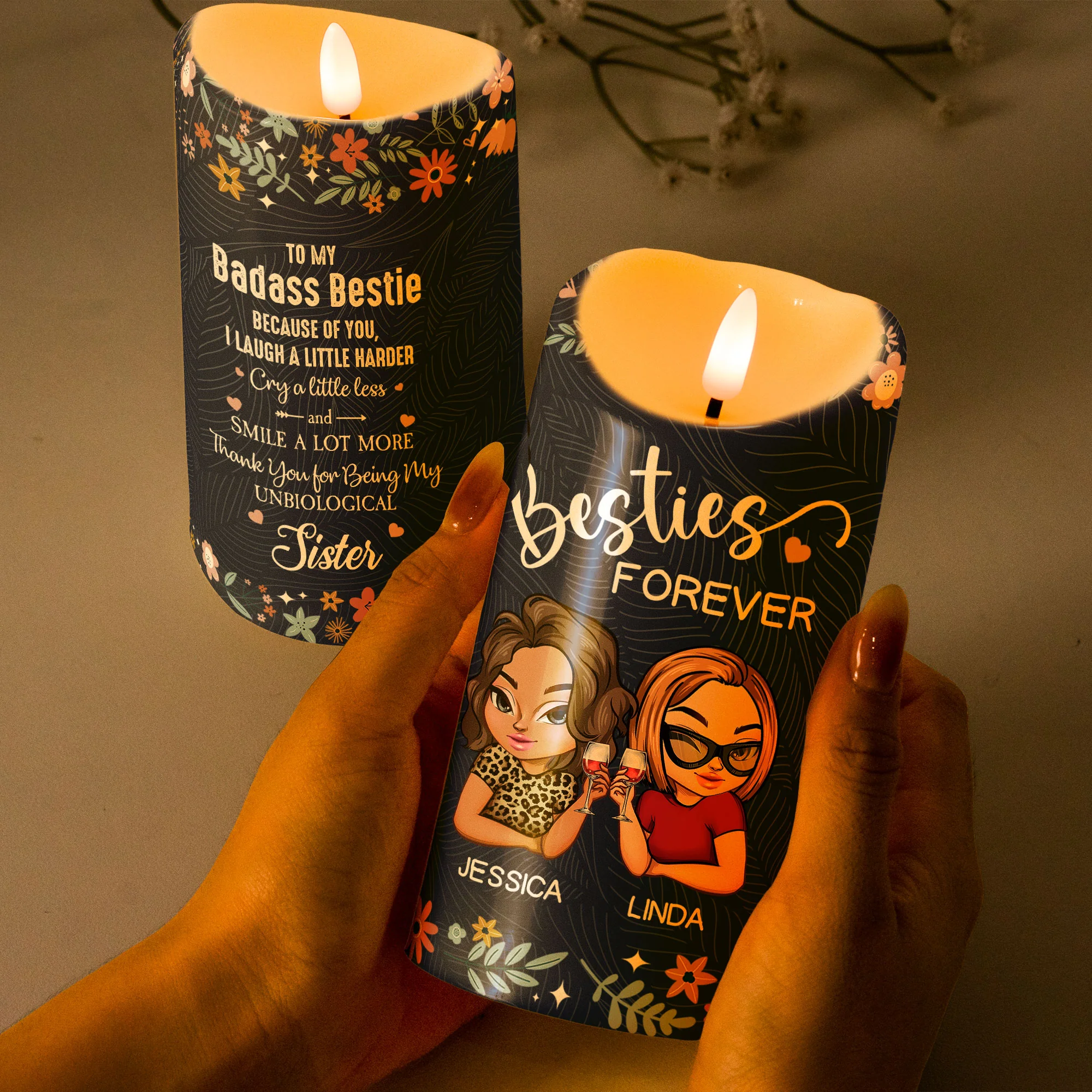 Because Of You I Laugh A Little Harder Friendship Gift - Personalized LED Candle - Image 2