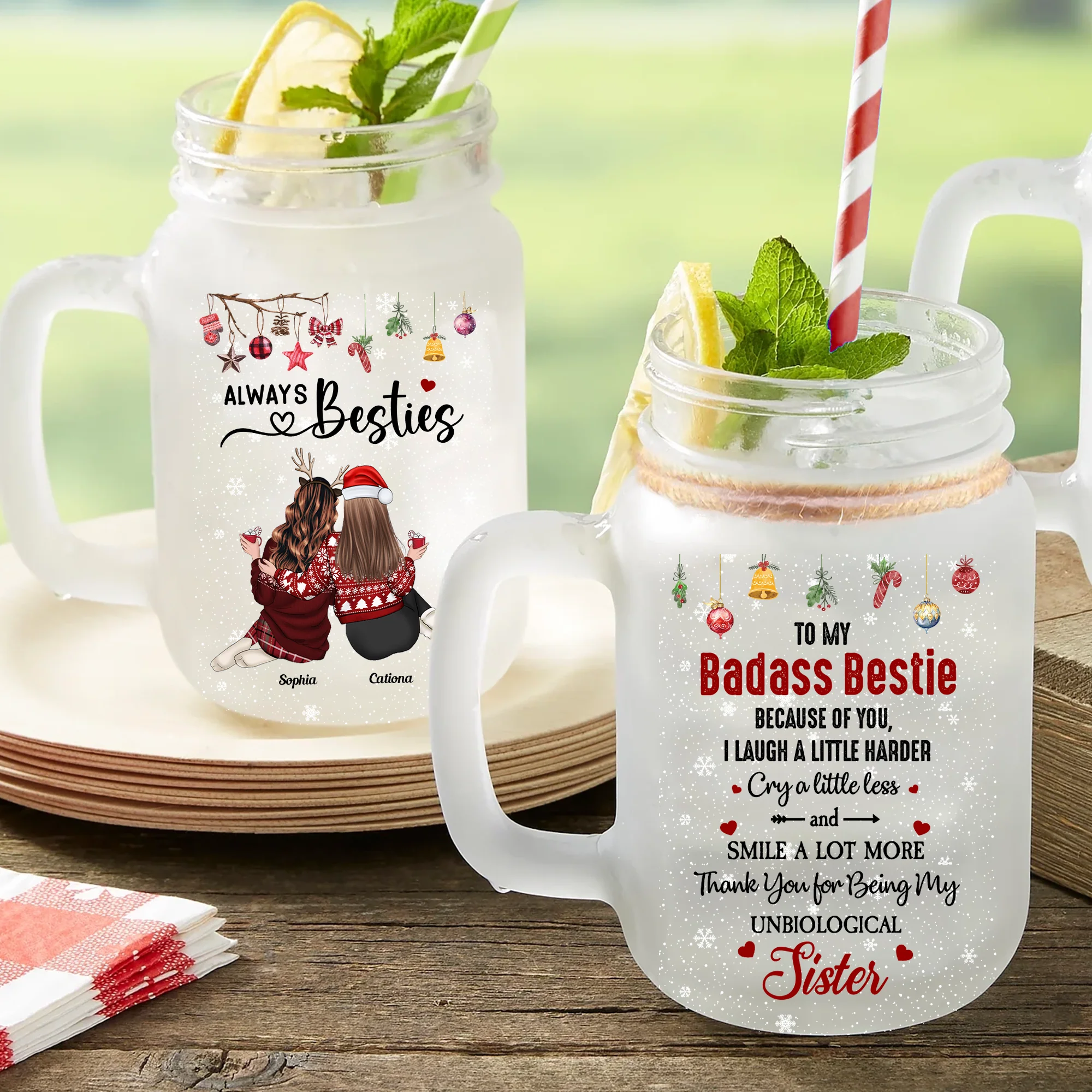 Because Of You, I Laugh A Little Harder - Personalized Mason Jar Cup With Straw - Image 4