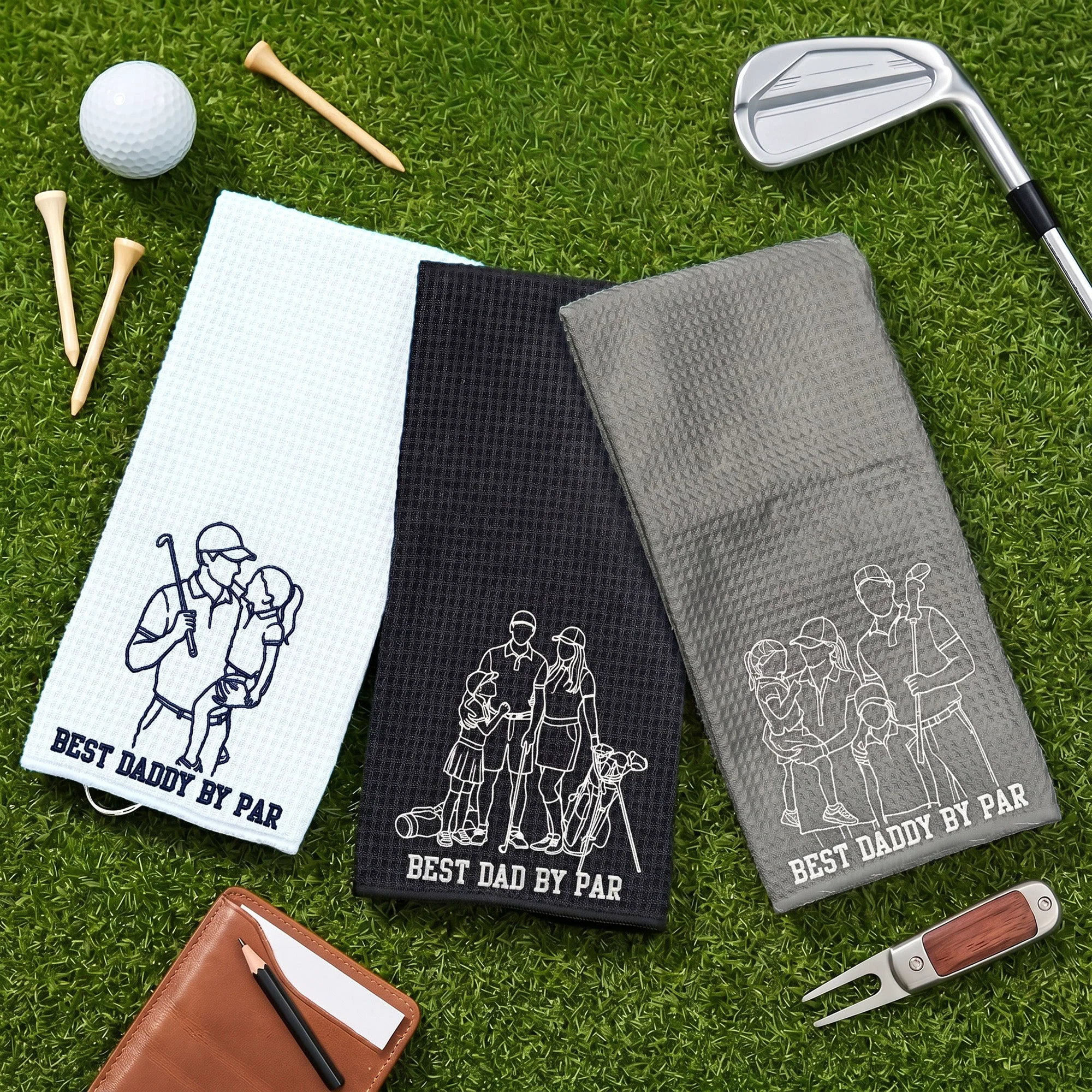 Best Dad By Par Faceless Sketch Line Art - Personalized Golf Towel