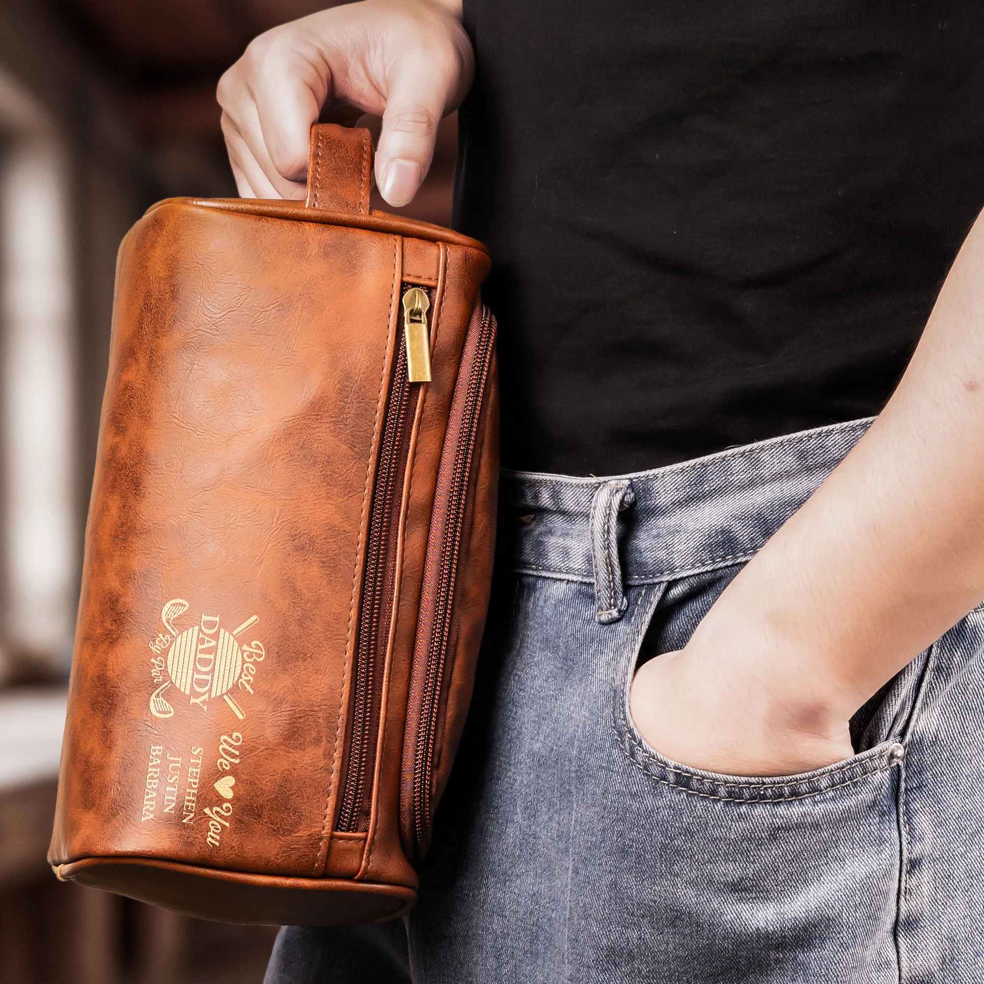 Best Daddy By Par We Love You - Personalized Leather Toiletry Bag - Image 4