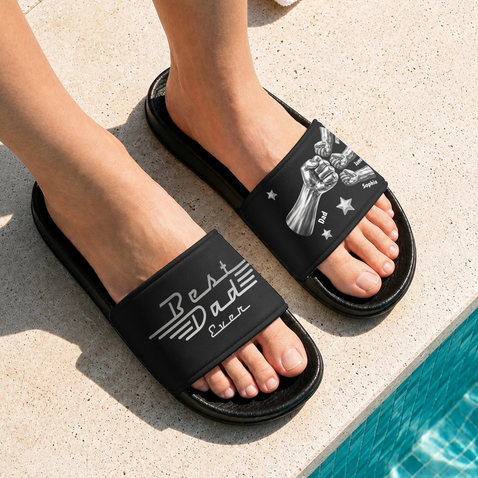 Best Dad Ever, Best Papa Ever - With Fist Bumps & Kids' Names - Personalized Slide Sandals - Image 2