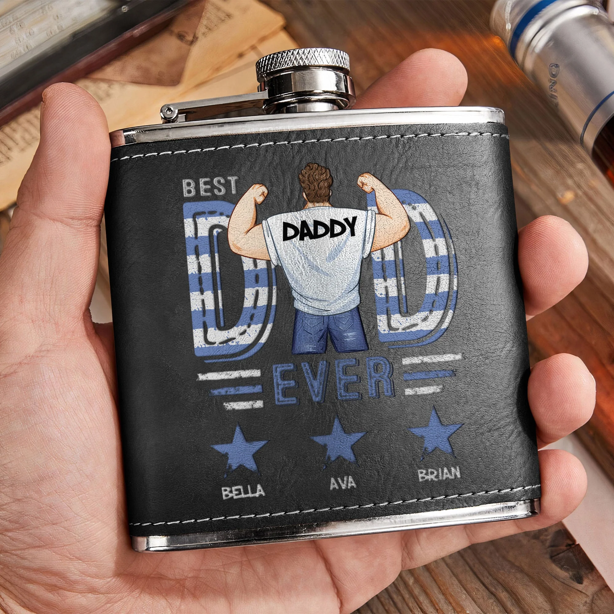 Best Dad Ever Star - Personalized Leather Flask - Image 2