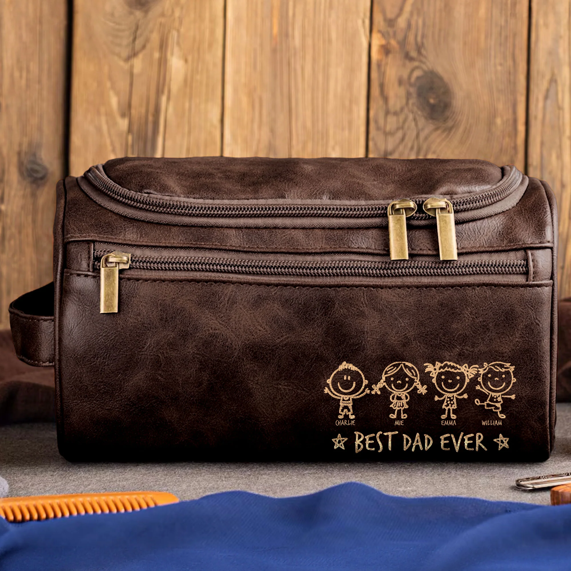 Best Dad Ever - Stick Figure Version - Personalized Leather Toiletry Bag - Image 3