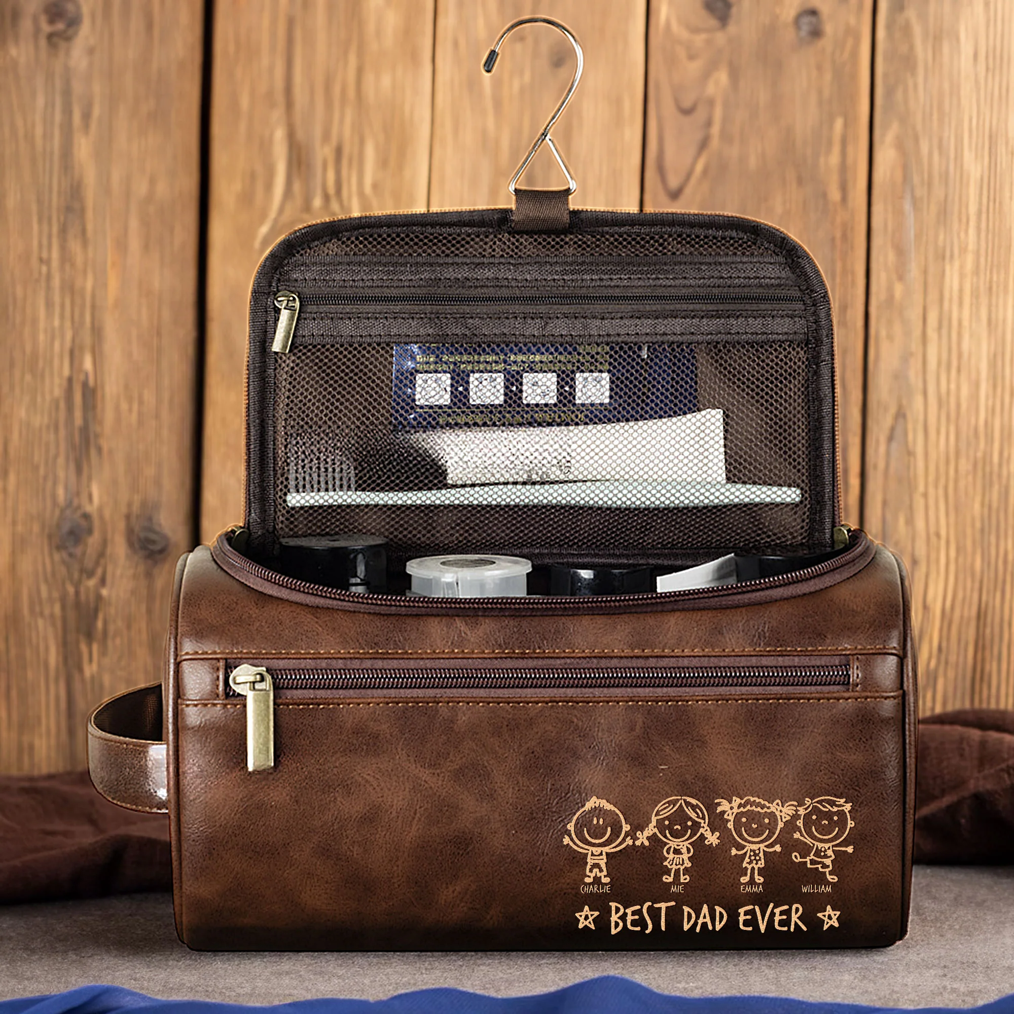 Best Dad Ever - Stick Figure Version - Personalized Leather Toiletry Bag - Image 4