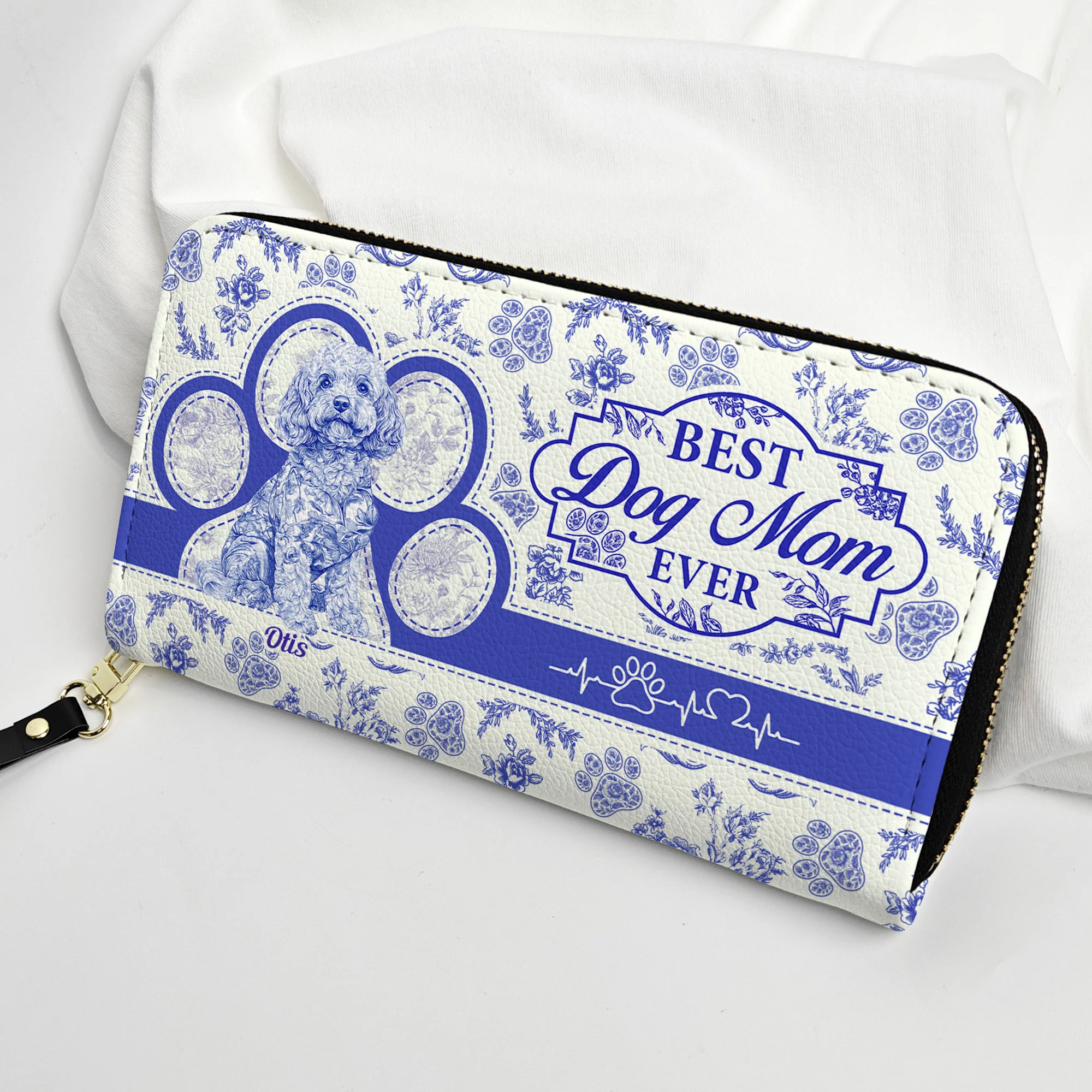 Best Dog Mom Ever Toile De Jouy Chinoiserie - Personalized Leather Long Wallet - Image 4