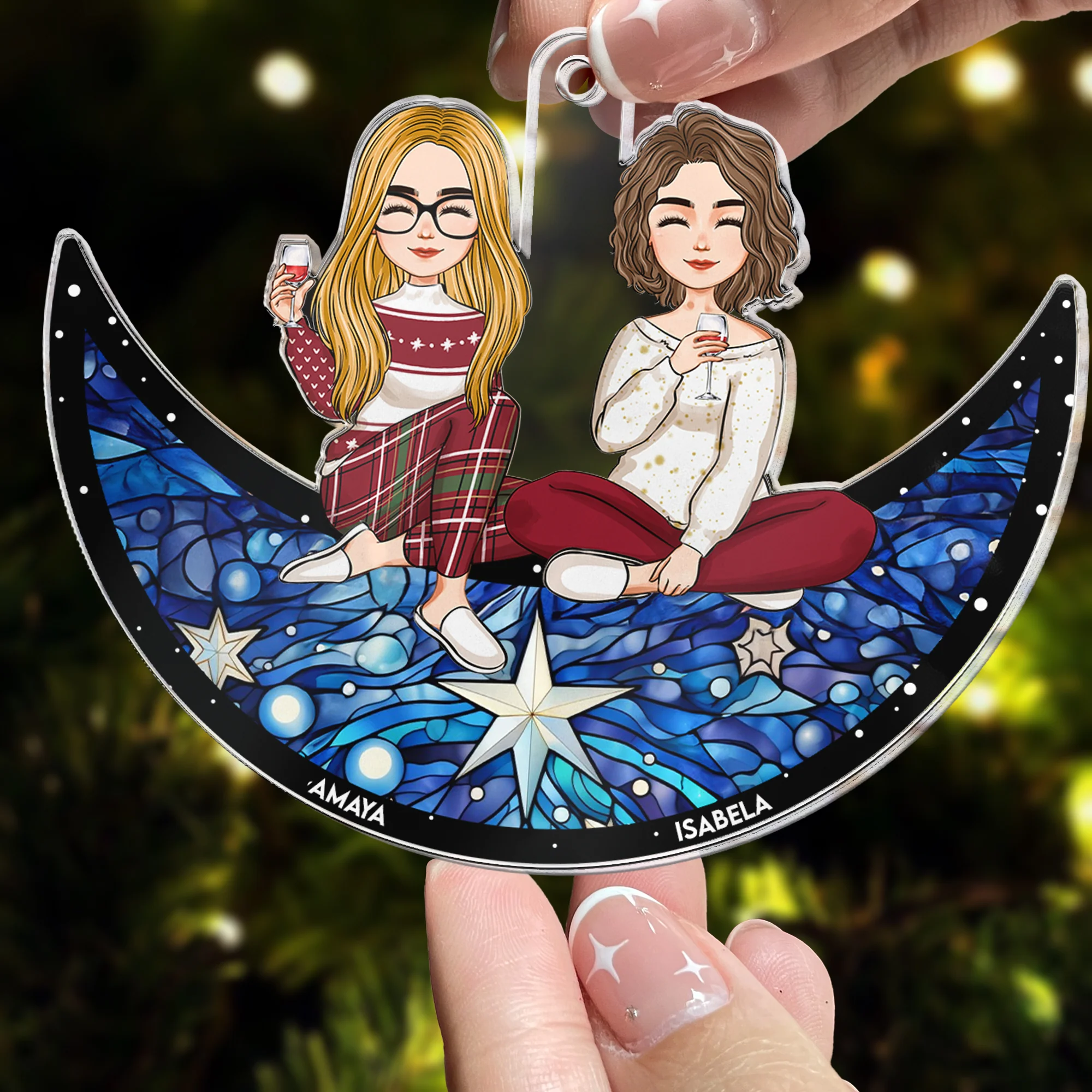 Sisters, Besties Sitting On The Moon - Christmas Time - Personalized Acrylic Ornament - Image 2