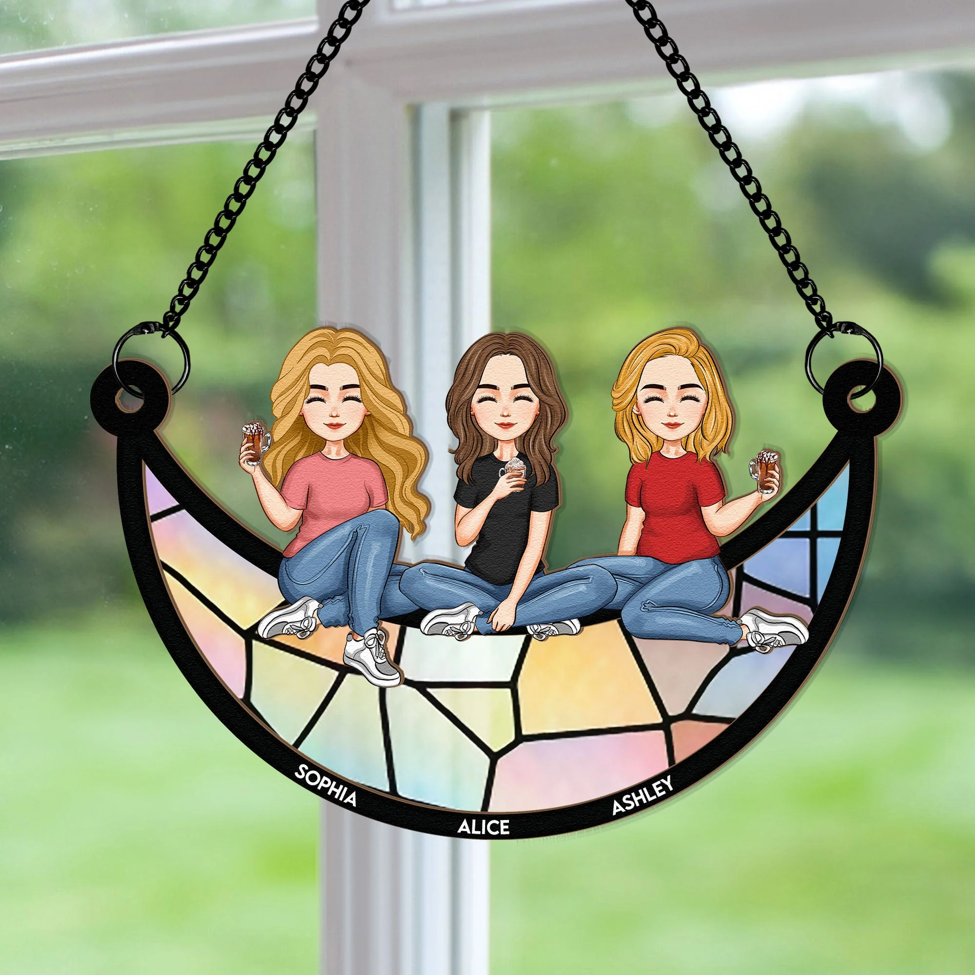 Best Friends Sitting On The Moon - Personalized Window Hanging Suncatcher Ornament - Image 3