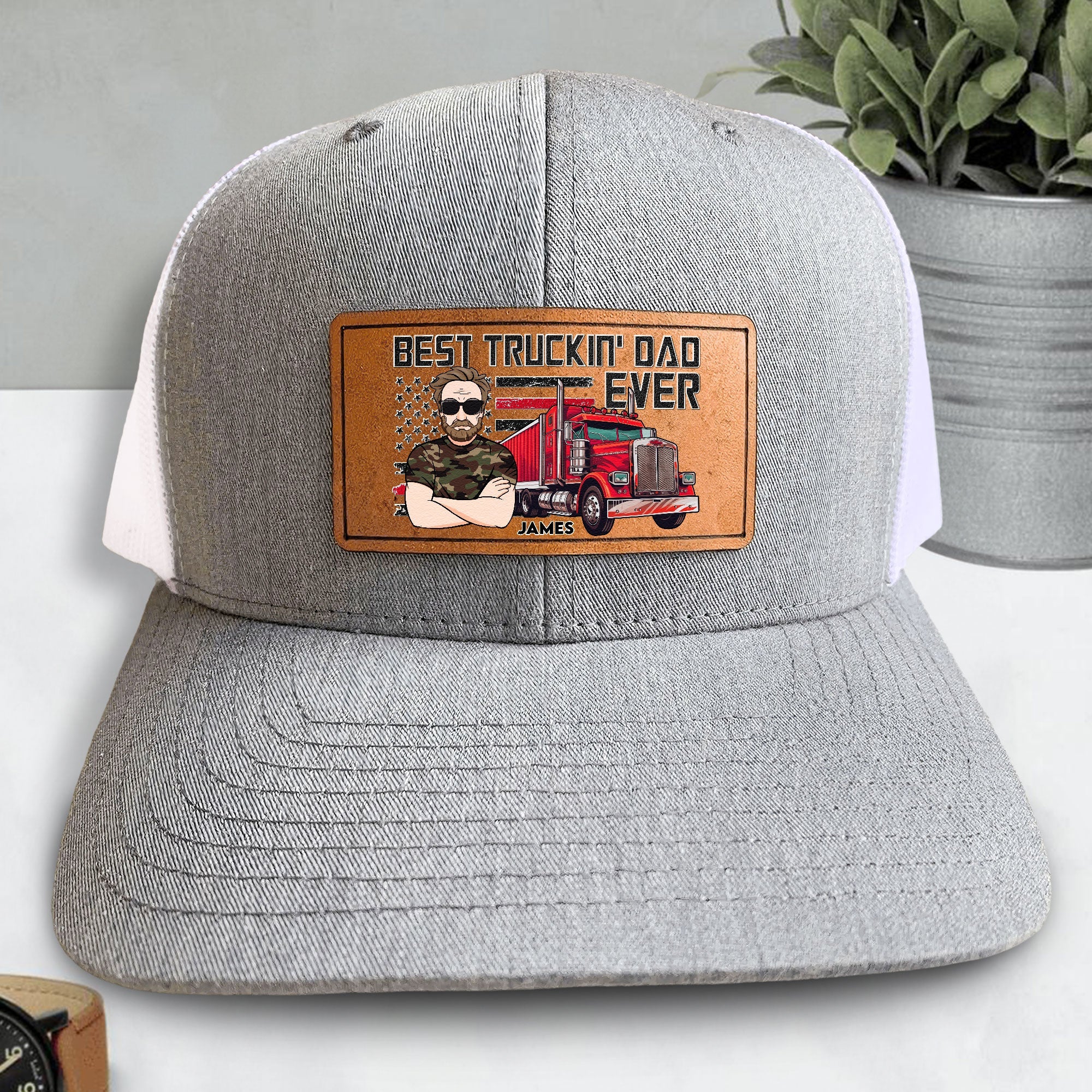 Best Truckin' Dad - Personalized Leather Patch Hat - Image 2