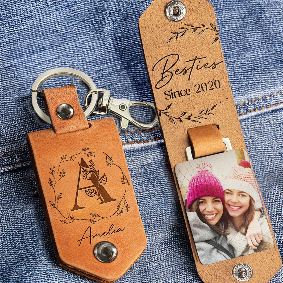 Bestie Since Custom Photo Gift For Friend - Personalized Leather Photo Keychain - Image 2