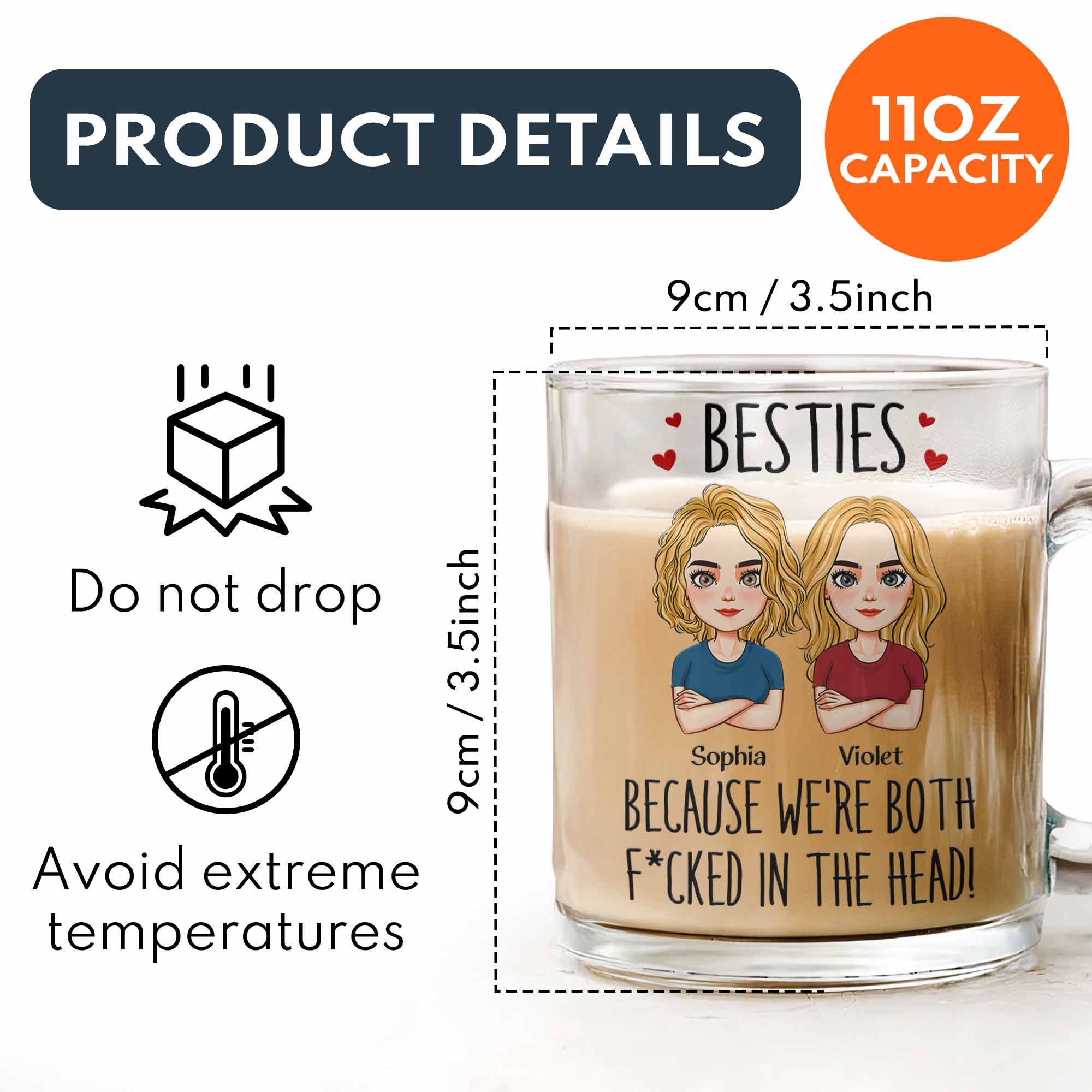 Besties Because We're Both F*cked In The Head! - Personalized Glass Mug - Image 5