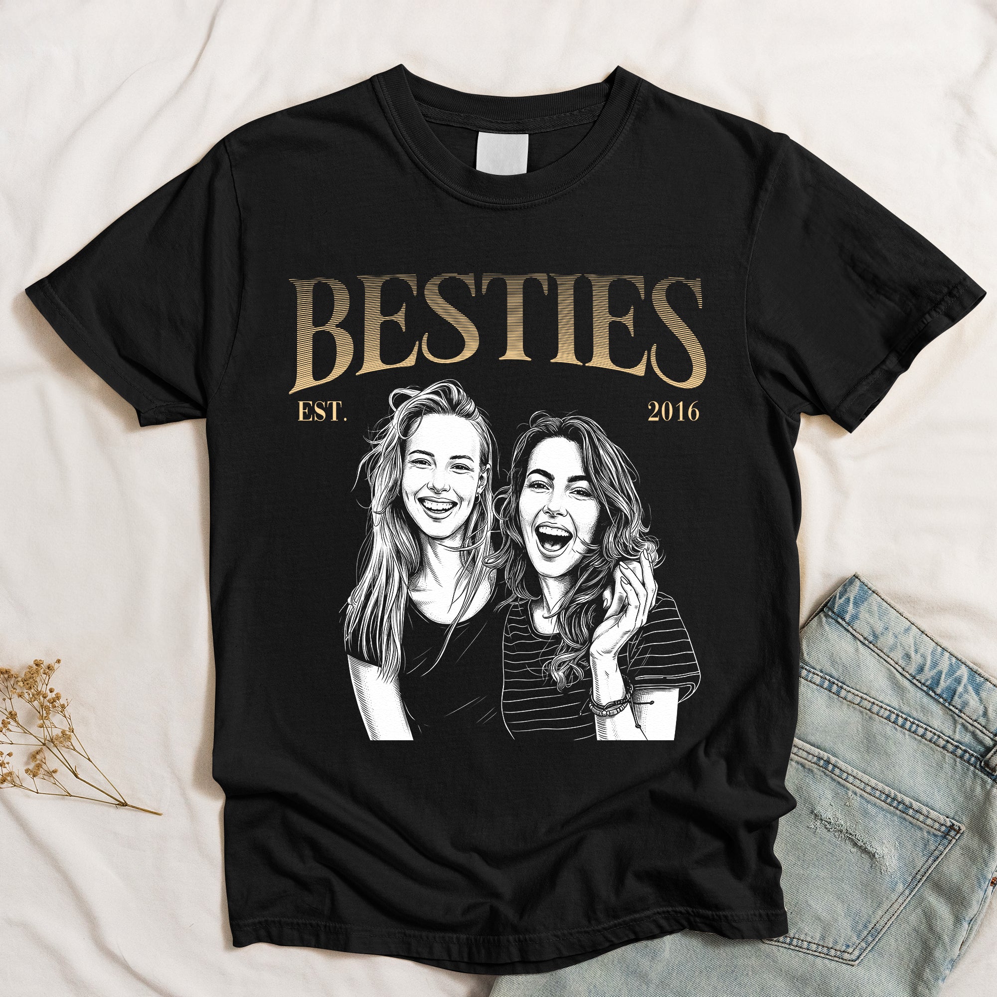 Besties Est Custom Friends Photo Sketch Line Art Friendship Gift For Her, BFF, Soul Sisters - Personalized Shirt - Image 5