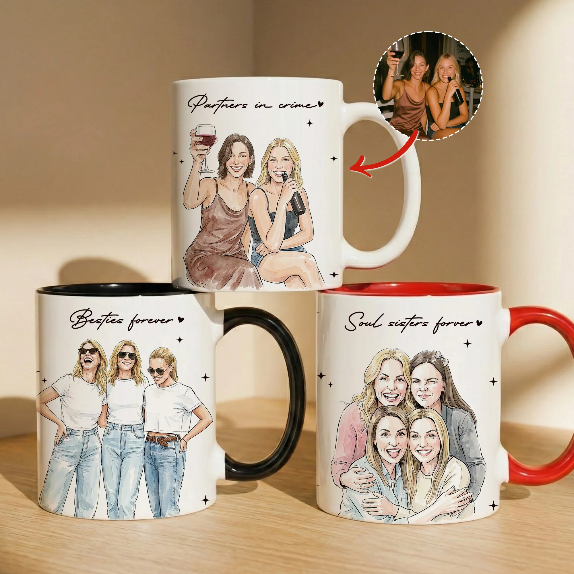 Besties Forever Custom Photo Watercolor Art Friendship Gift For BFF, Soul Sisters - Personalized Mug
