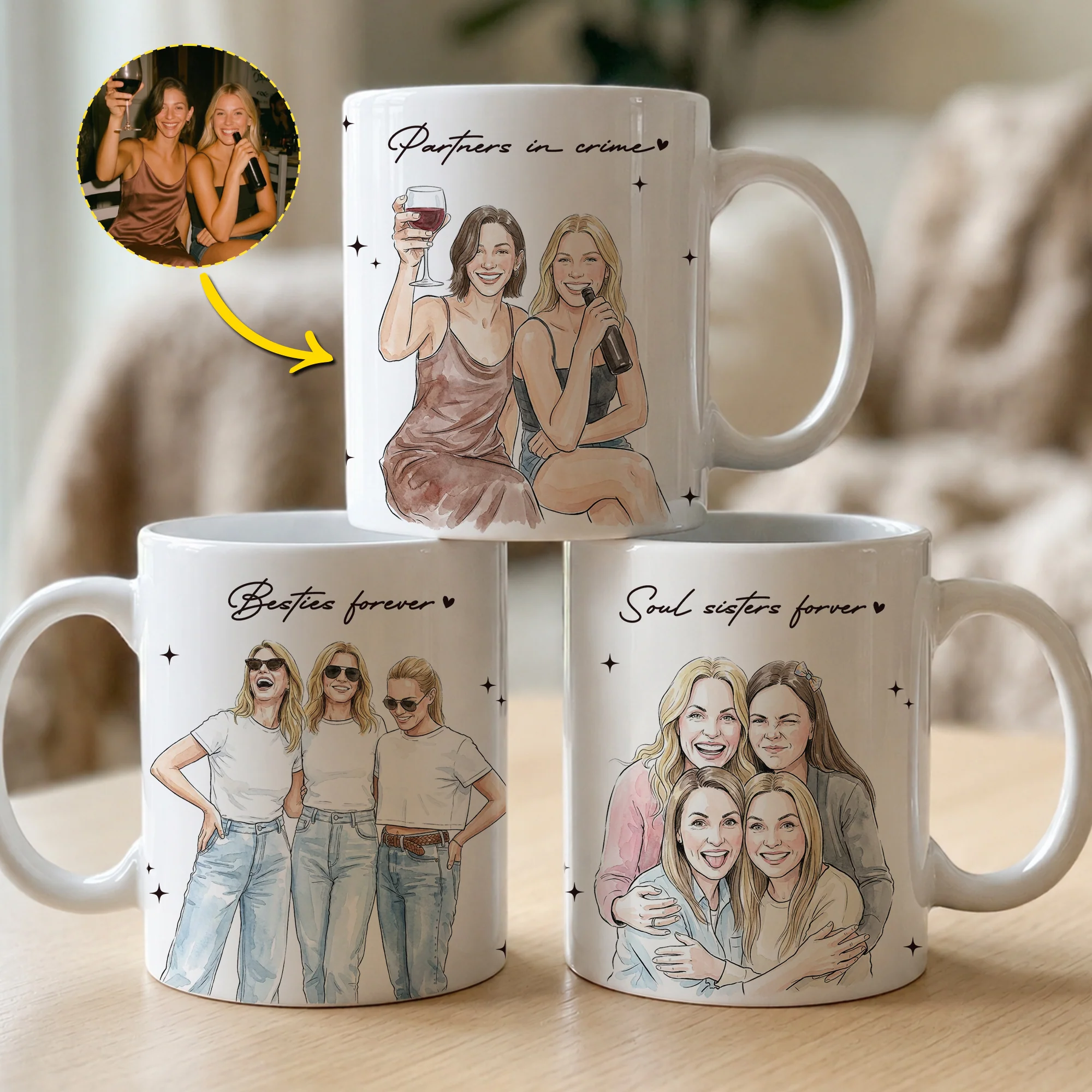 Besties Forever Custom Photo Watercolor Art Friendship Gift For BFF, Soul Sisters - Personalized Mug - Image 2