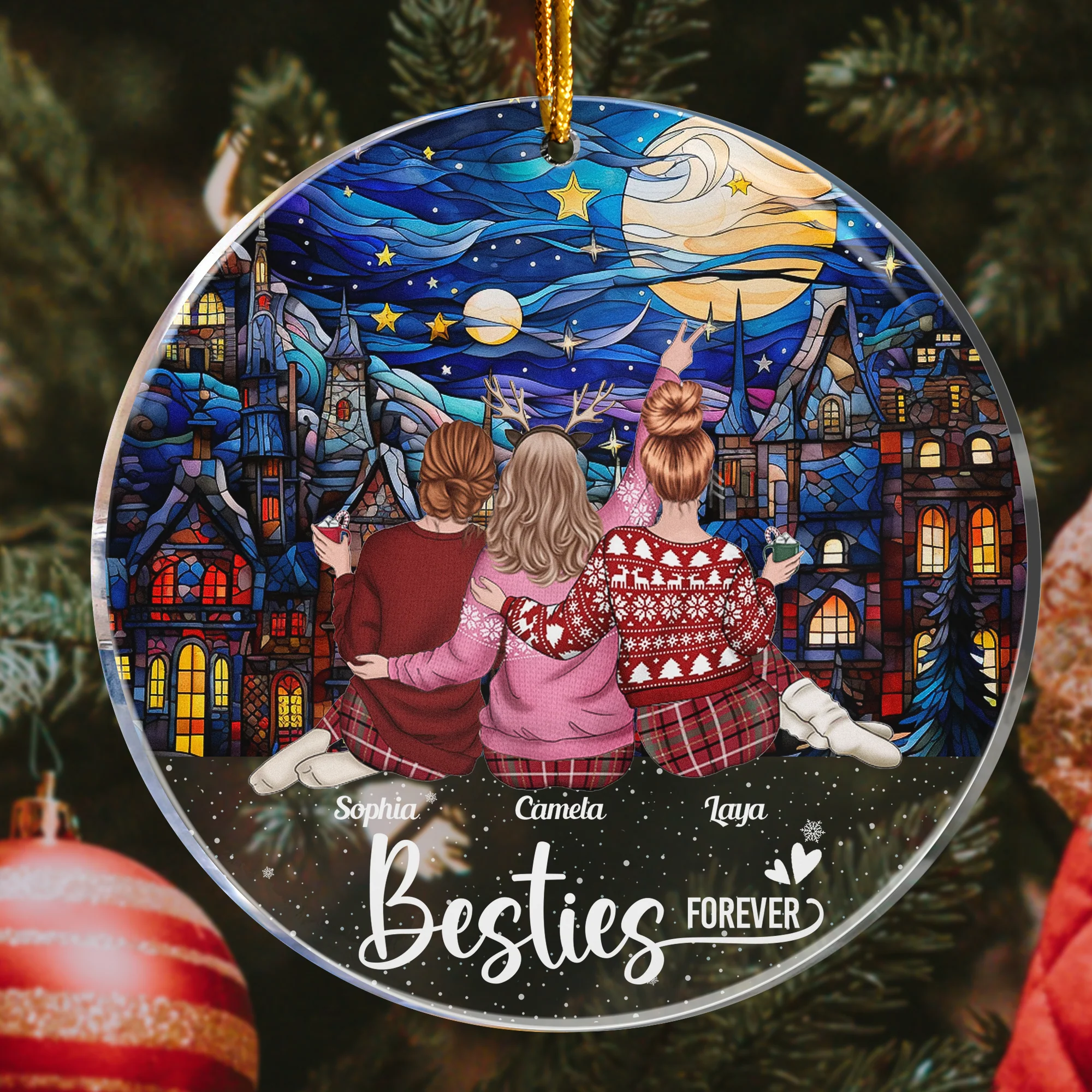 Besties Forever Holly Christmas Night - Personalized Acrylic Ornament - Image 3