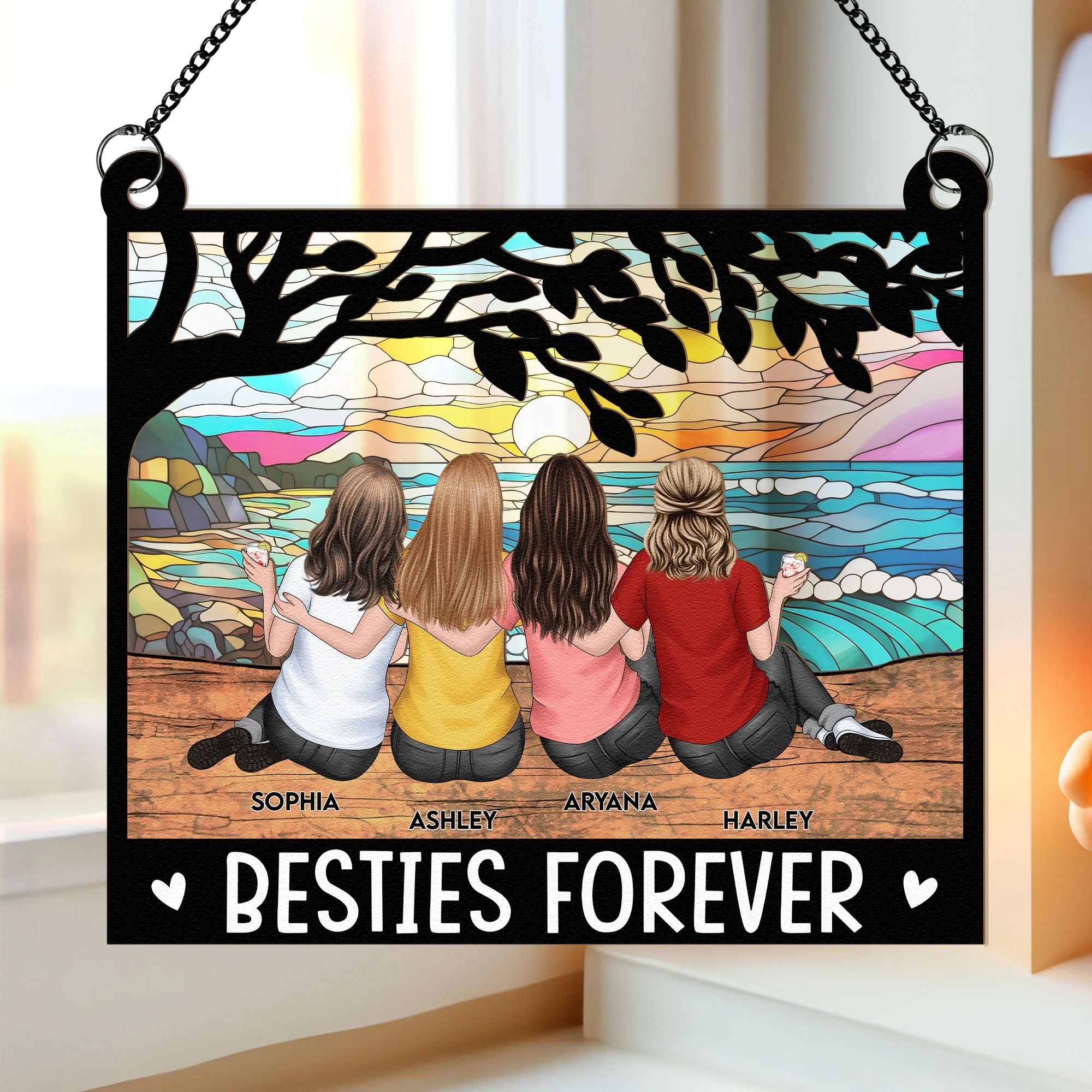Besties Forever - Tree Version - Personalized Window Hanging Suncatcher Ornament - Image 3