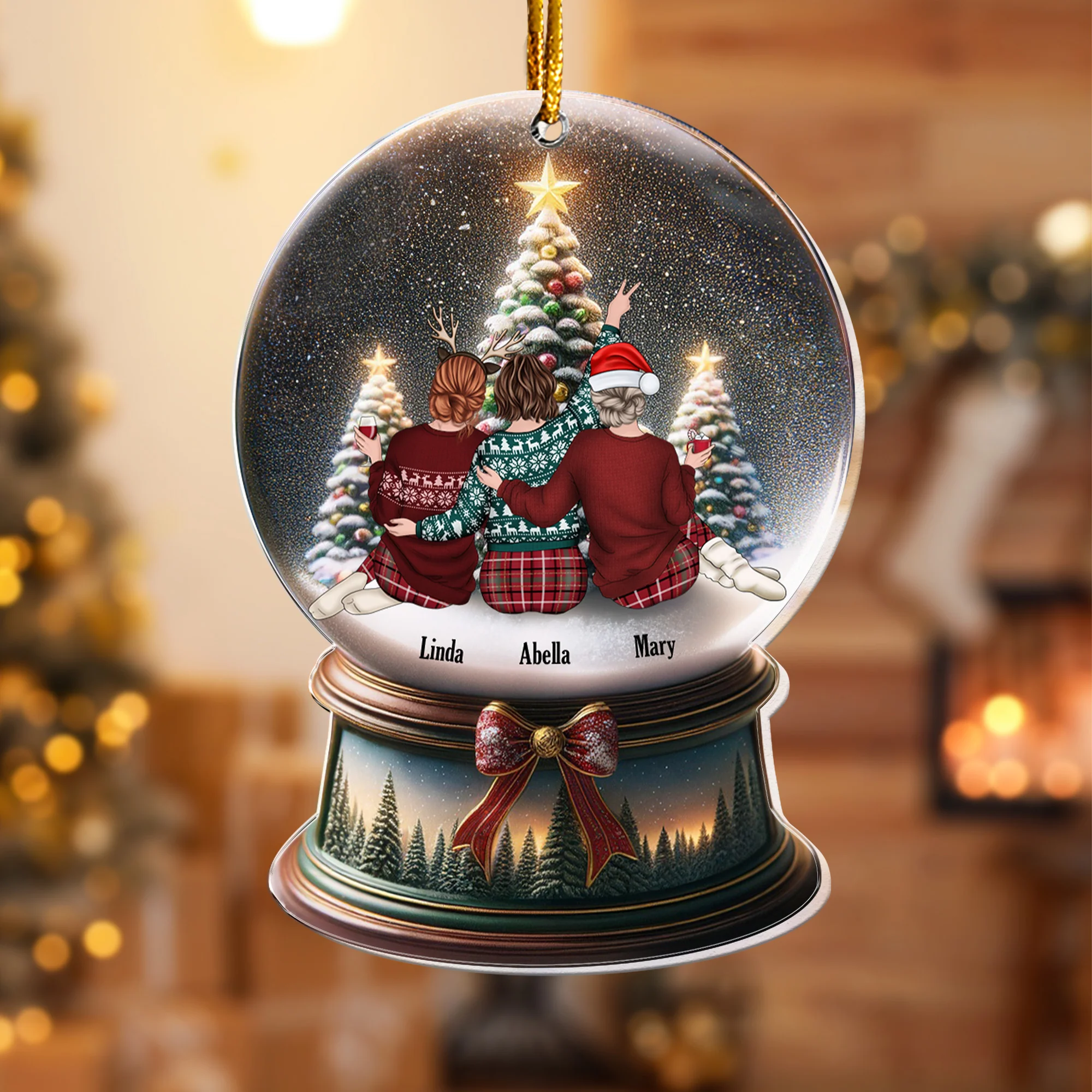 Besties Friends Sitting Together Christmas Snowglobe - Personalized Acrylic Ornament - Image 2