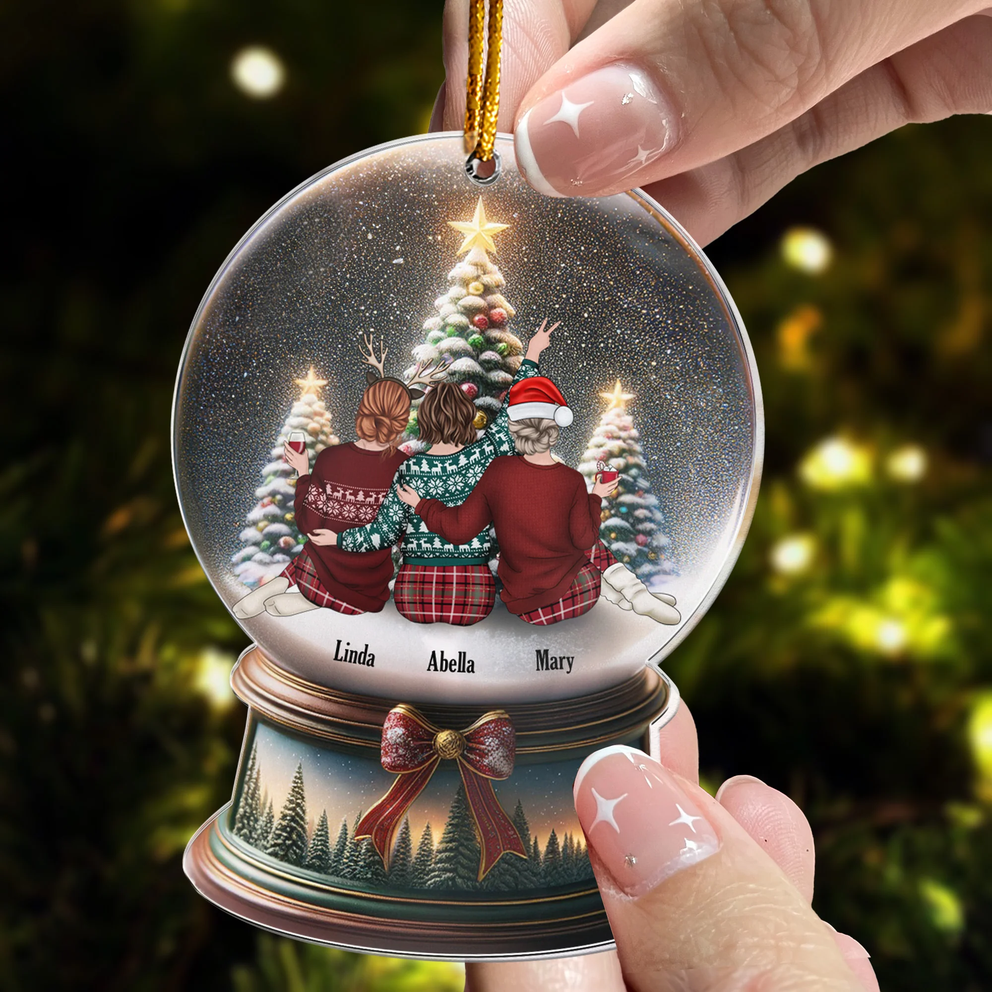 Besties Friends Sitting Together Christmas Snowglobe - Personalized Acrylic Ornament - Image 3