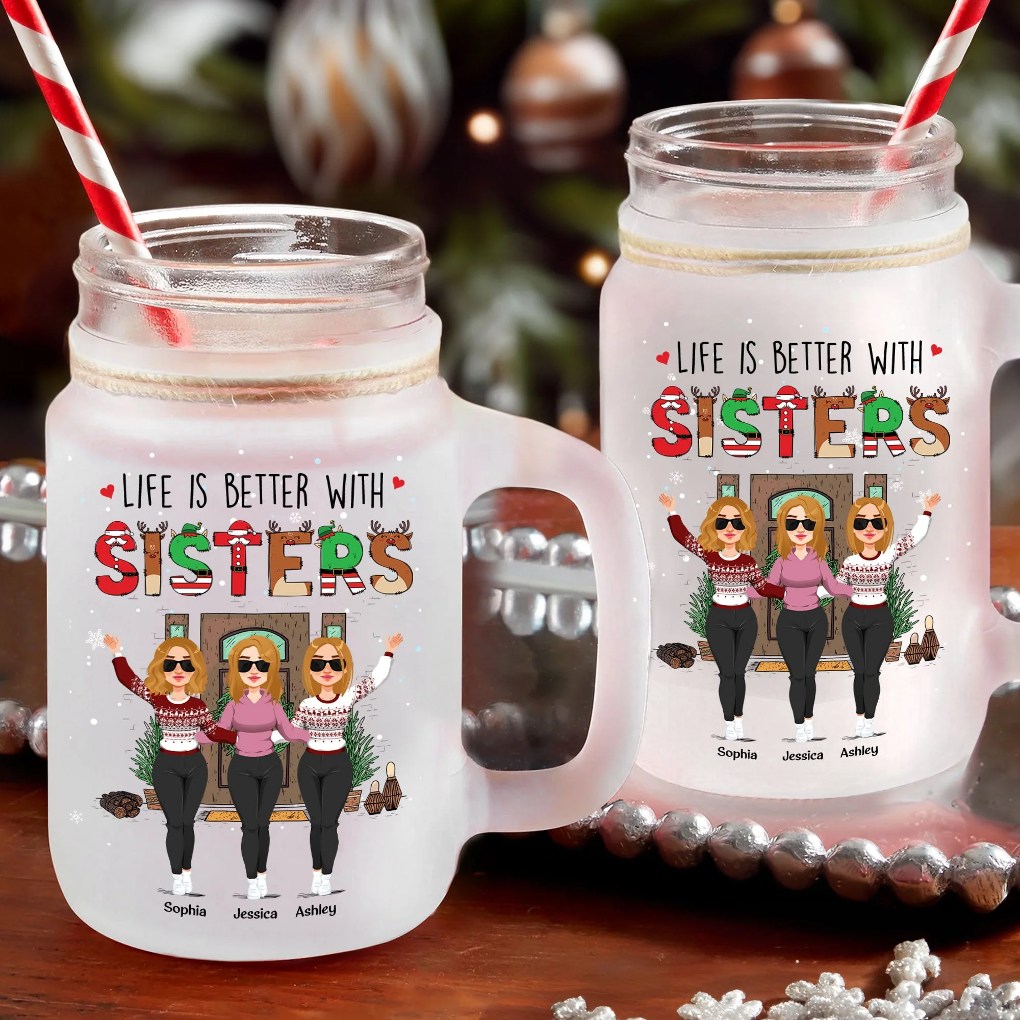 Better Life With Sisters - Personalized Mason Jar Cup With Straw - Image 3
