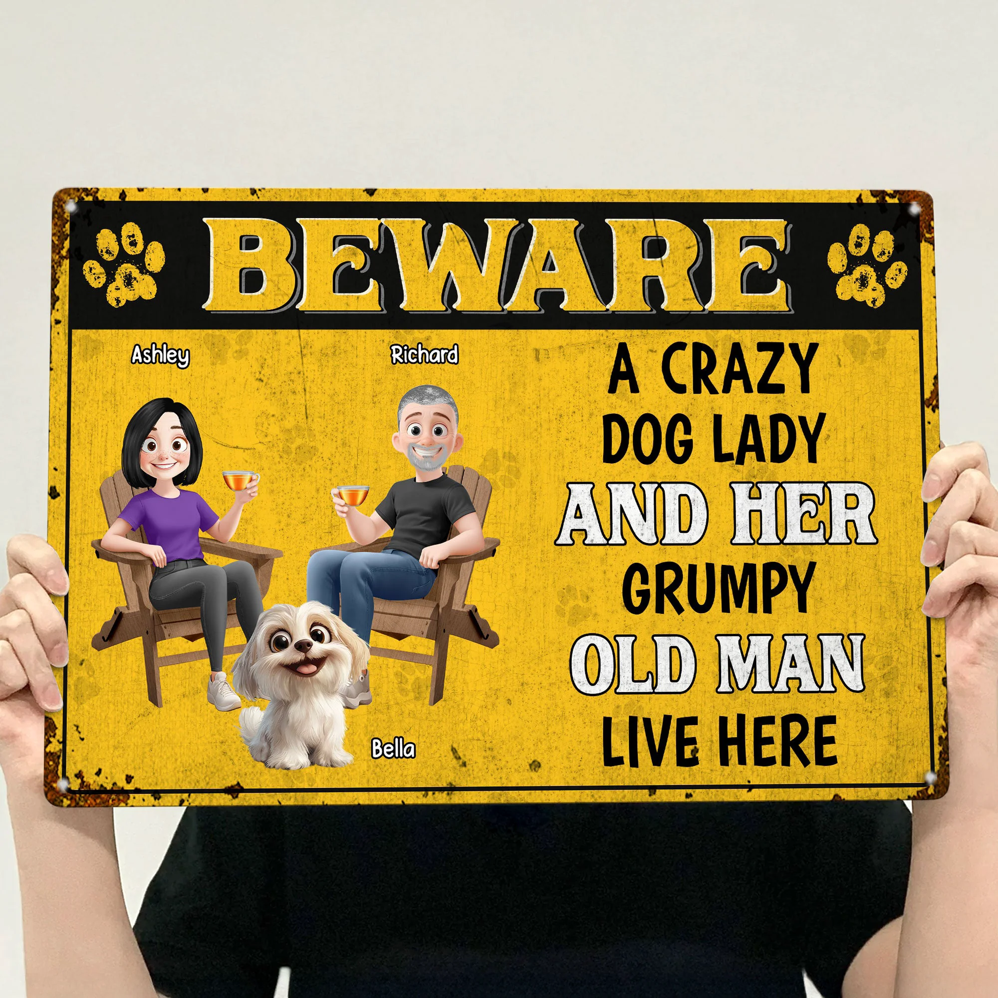 Beware A Crazy Dog Lady And Her Grumpy Old Man Live Here - Personalized Metal Sign - Image 3