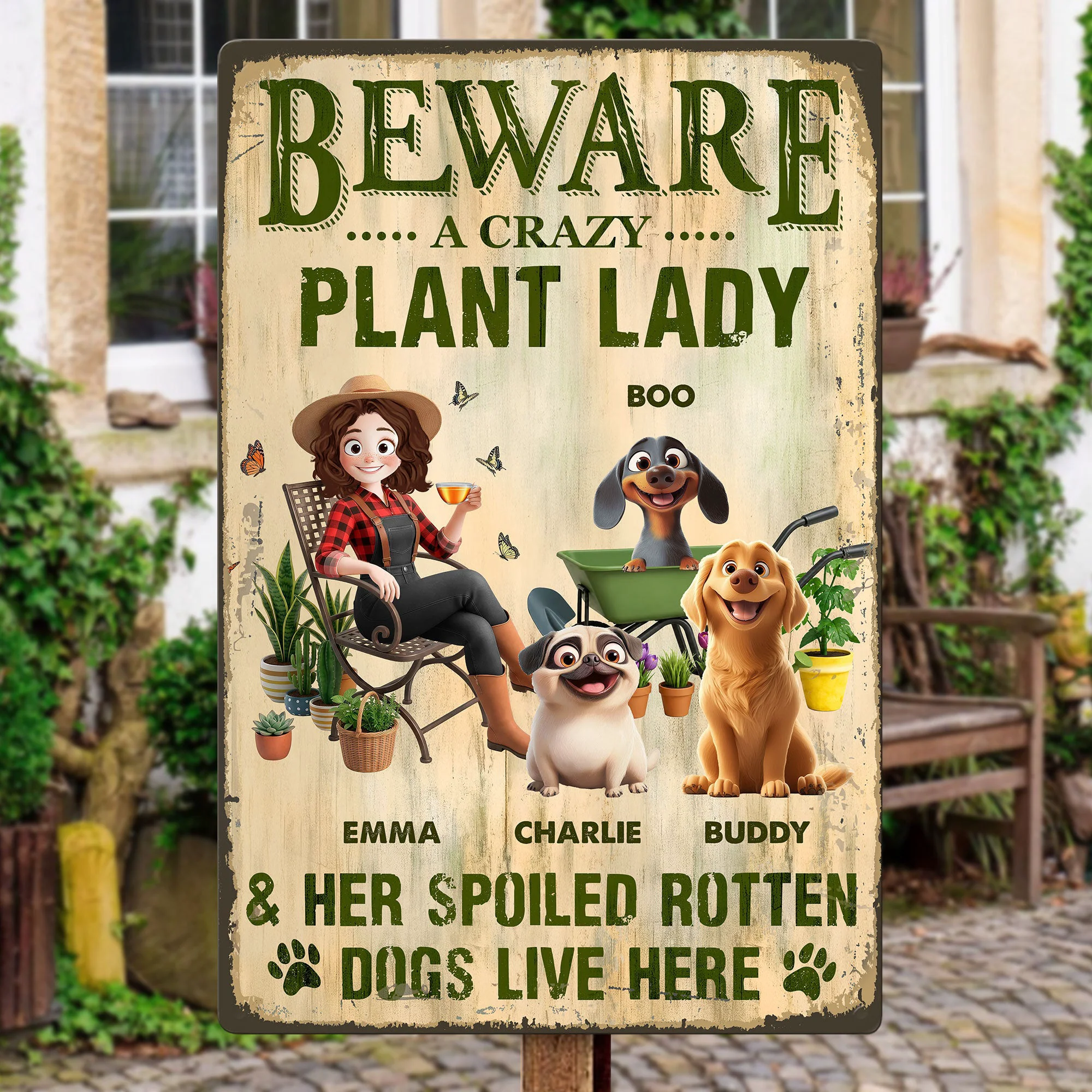 Beware A Crazy Plant Lady Her Spoiled Rotten Dogs Live Here - Personalized Metal Sign