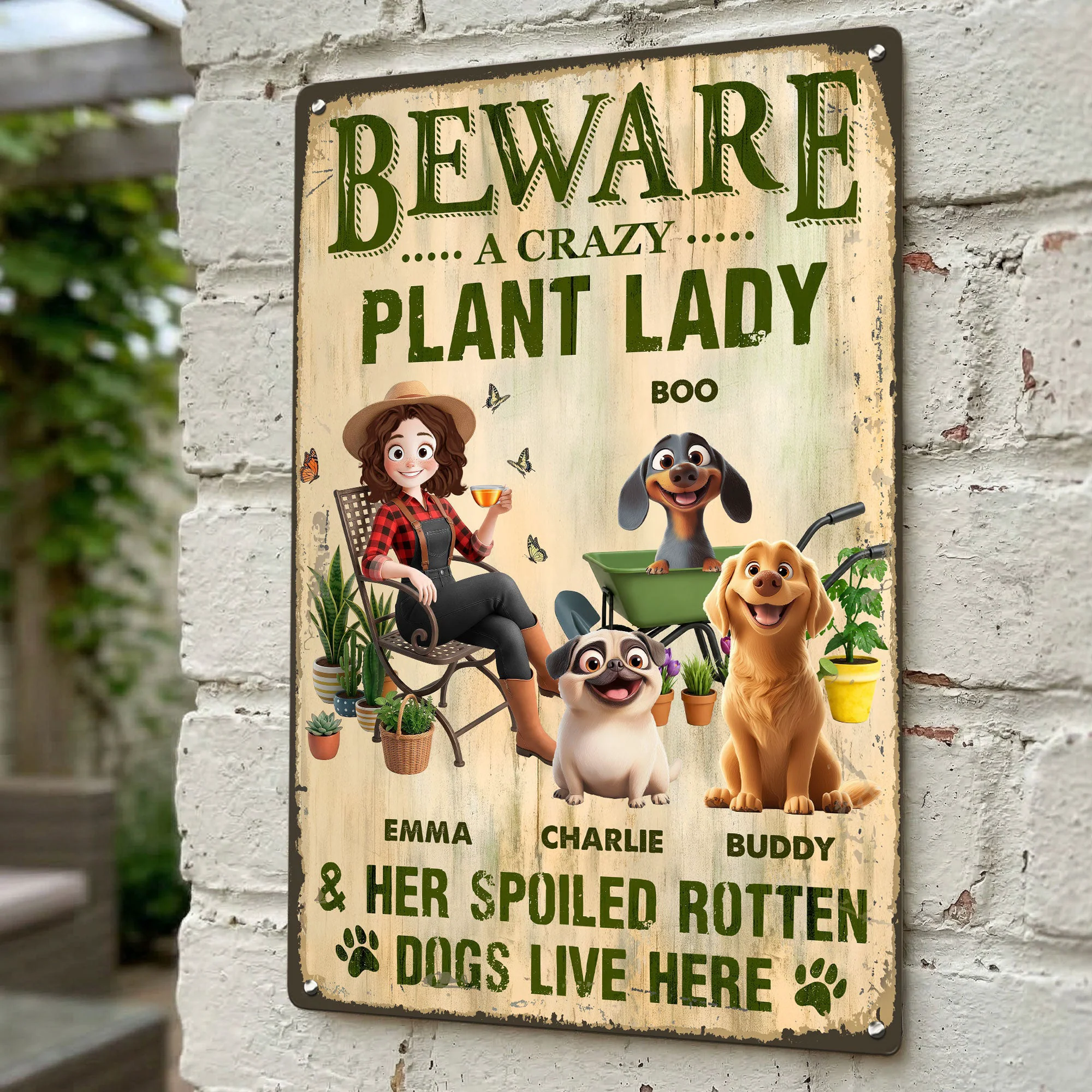 Beware A Crazy Plant Lady Her Spoiled Rotten Dogs Live Here - Personalized Metal Sign - Image 2