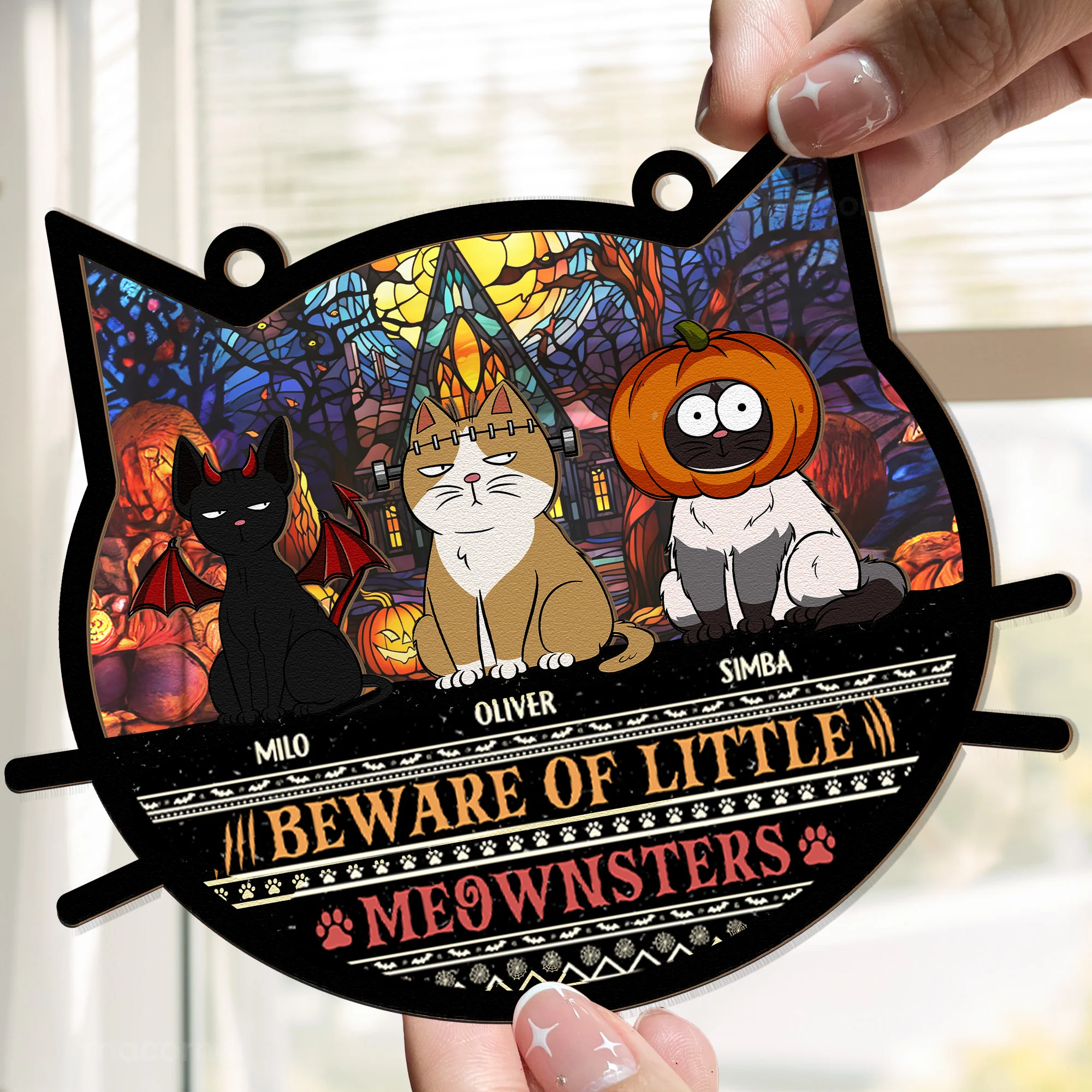 Beware Of Little Meownsters Halloween - Personalized Window Hanging Suncatcher Ornament - Image 4