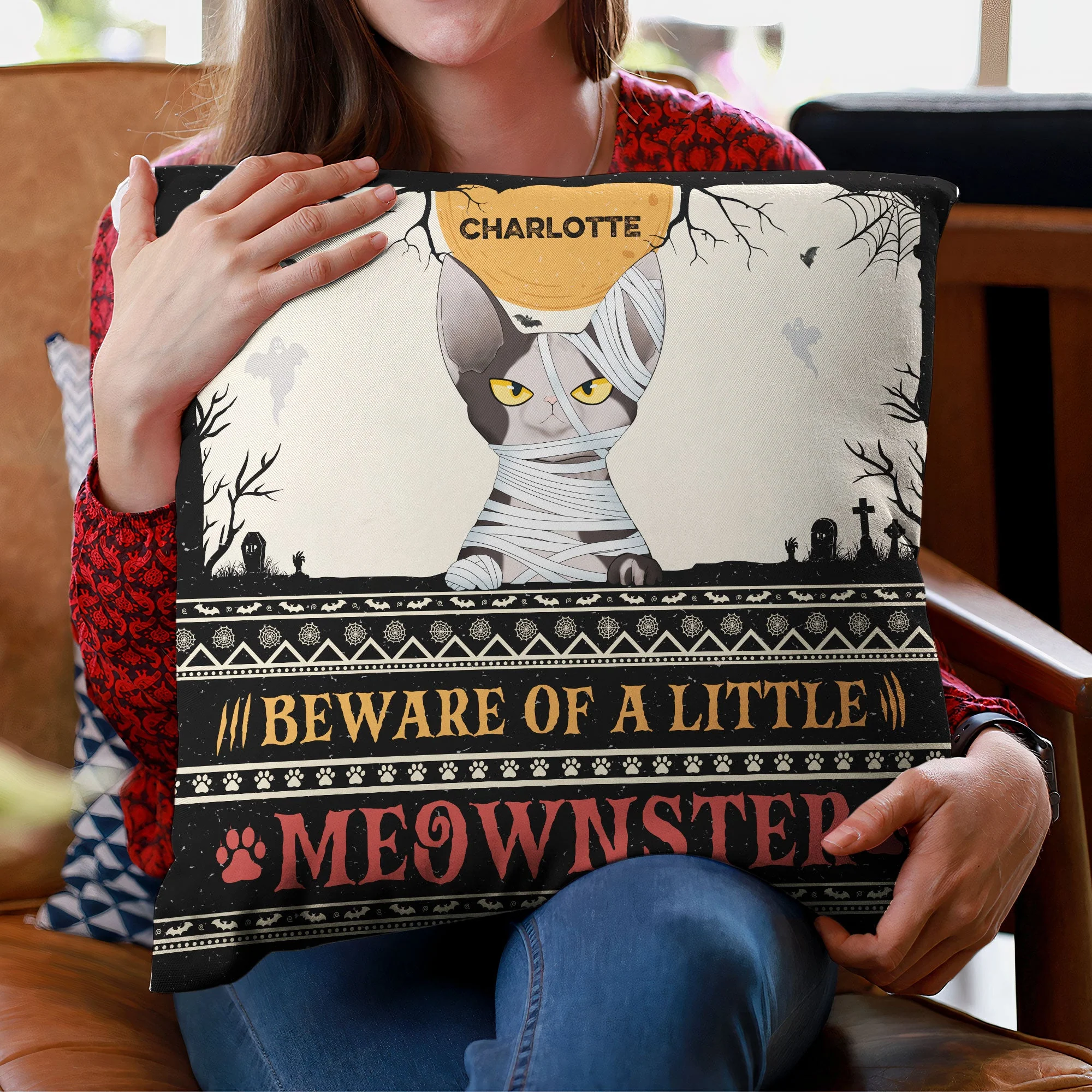 Beware Of Little Meownsters - Personalized Pillow (Insert Included) - Funny Halloween Gift For Cat Lovers, Cat Mom - Image 3