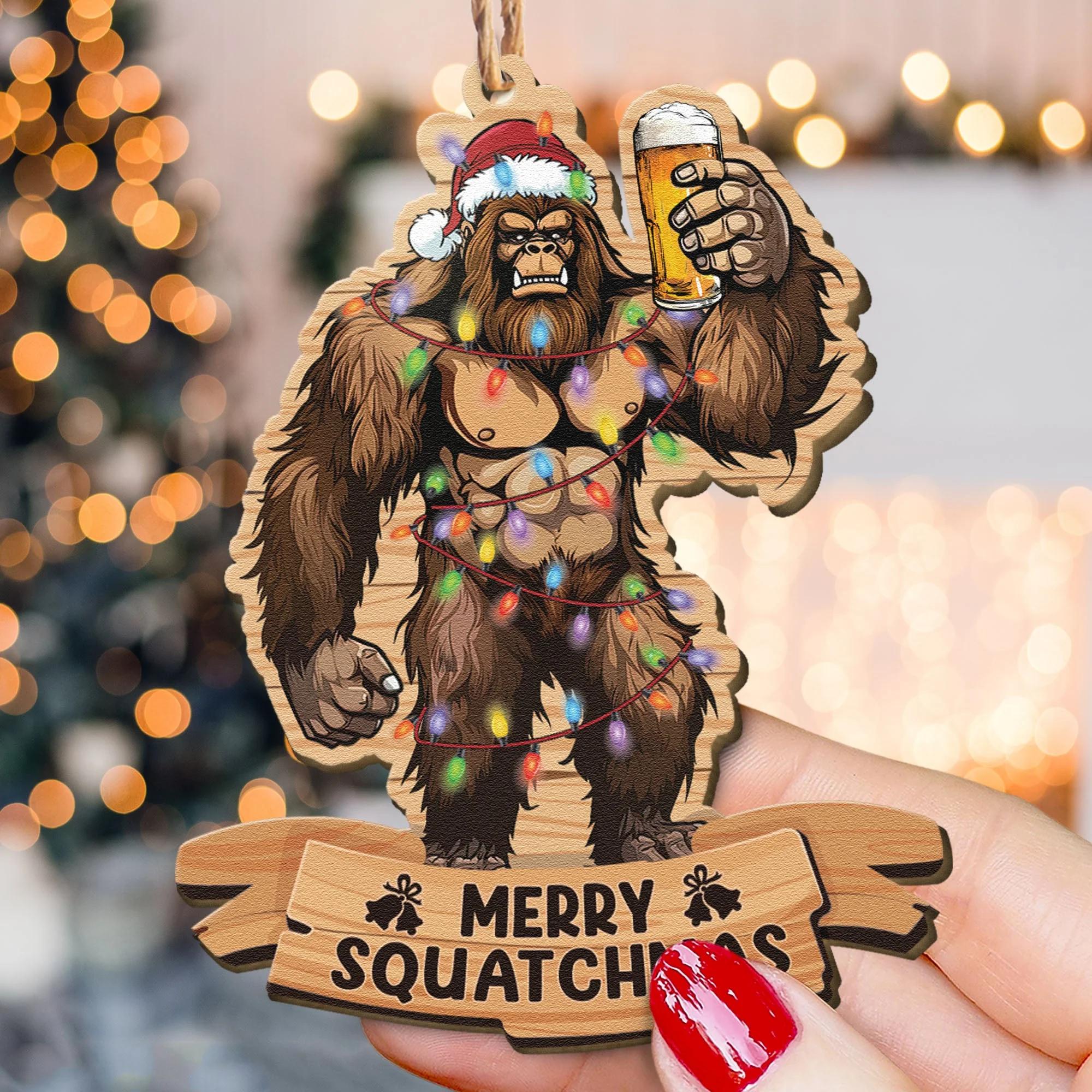 Bigfoot 2024 Christmas Ornament - Personalized Wooden Ornament With Bow - Image 2