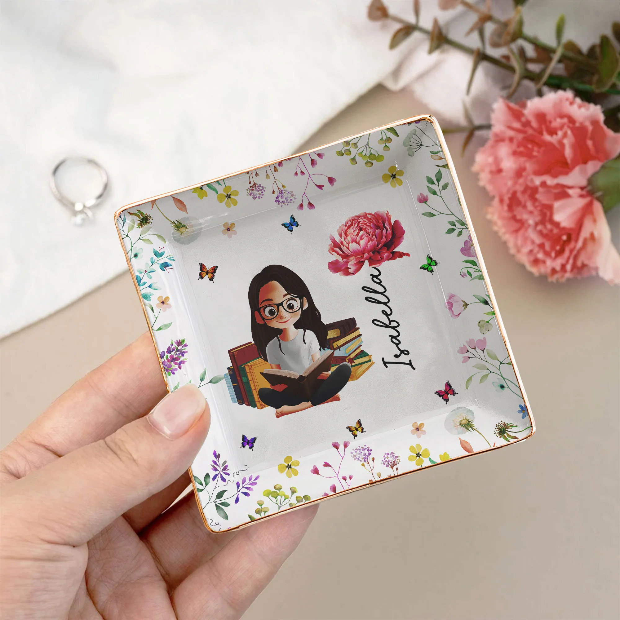Birth Flower Book Lovers - Personalized Jewelry Dish - Image 3