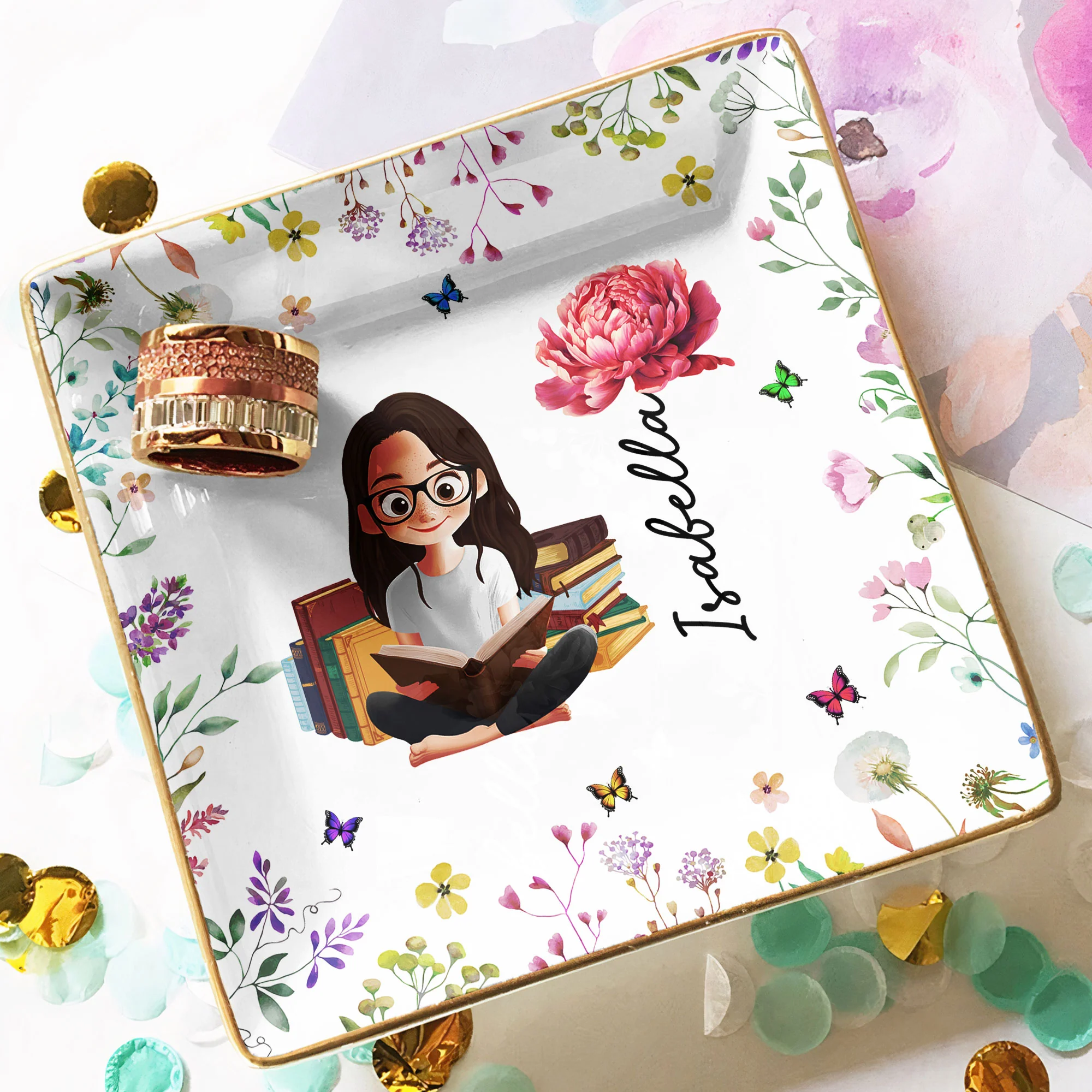 Birth Flower Book Lovers - Personalized Jewelry Dish - Image 4