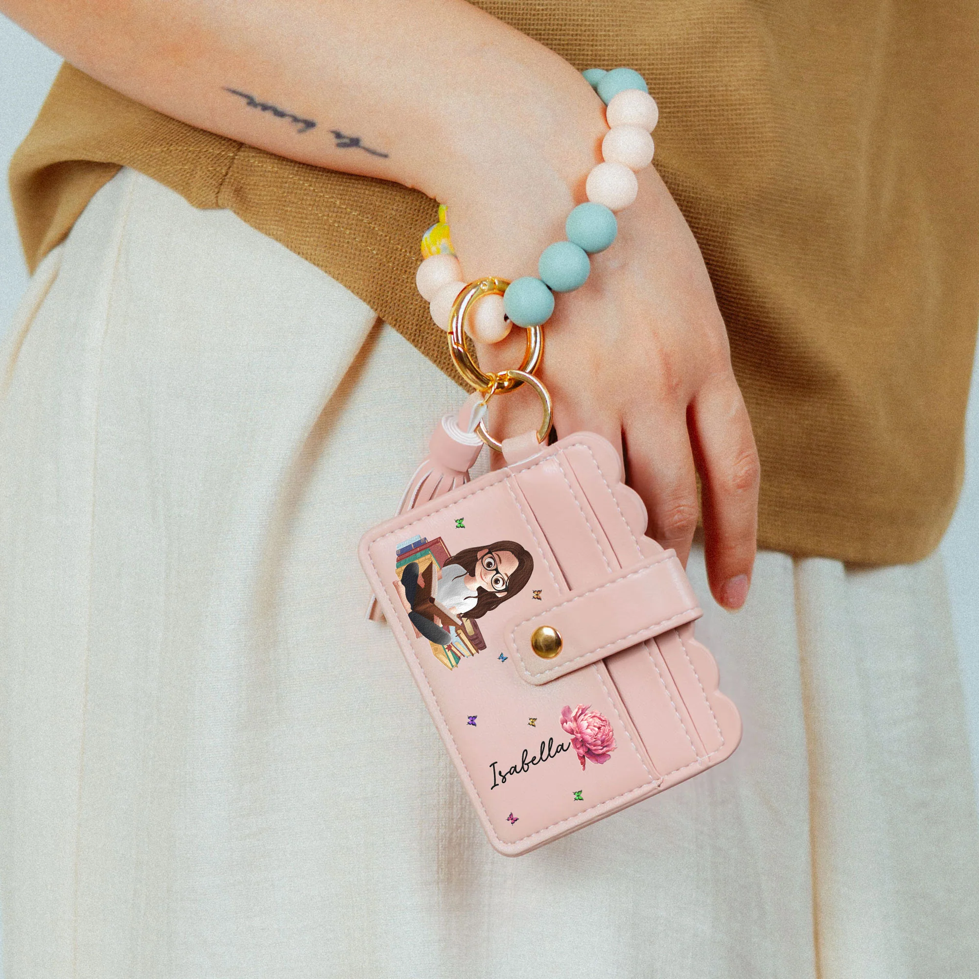 Birth Flower Book Lovers - Personalized Keychain Wristlet Leather Wallet - Image 3
