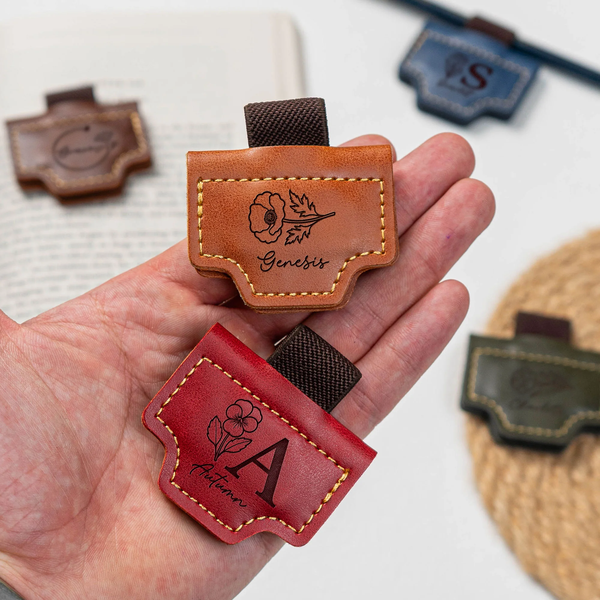 Birth Flower, Book Lovers, Readers - Personalized Engraved Leather Magnetic Bookmark With Pen Clip - Image 3