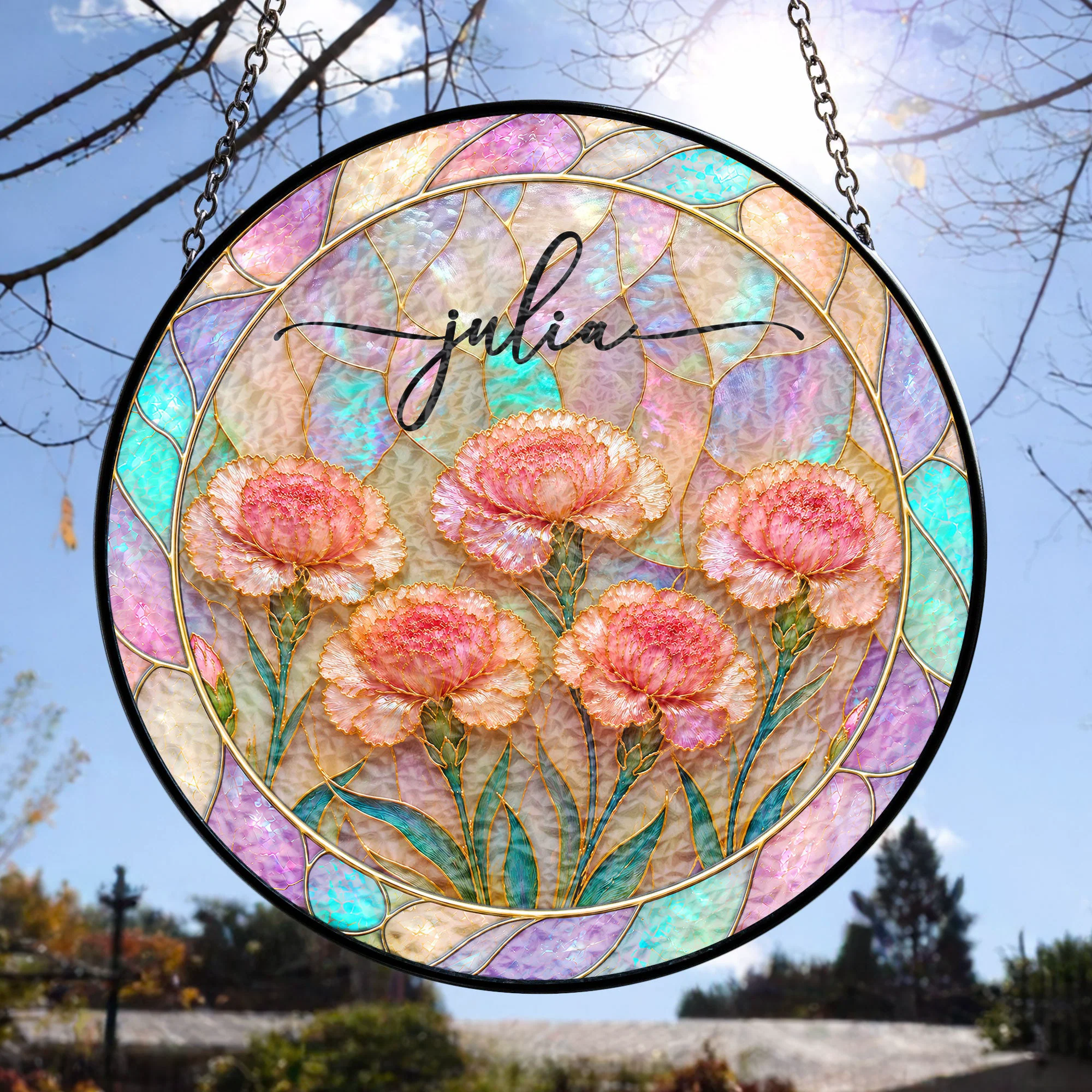 Birth Flower Mother Of Pearl Home Decor - Personalized Window Hanging Suncatcher - Image 5