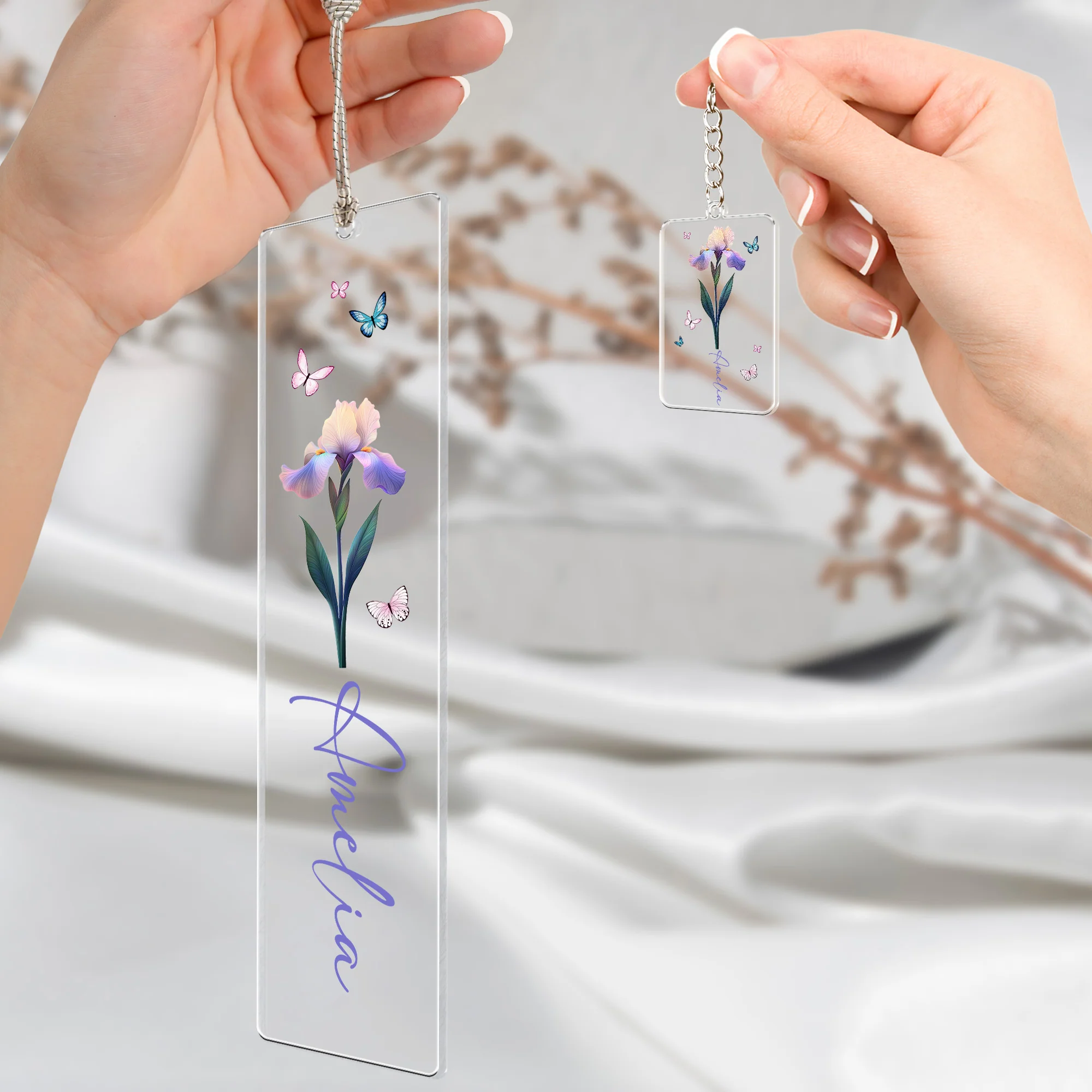 Birth Flower - Personalized Acrylic Bookmark And Keychain Set - Image 5