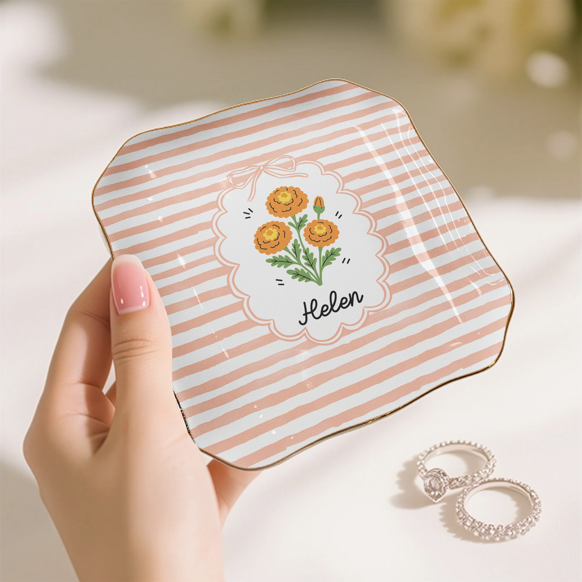 Birth Month Flower Gift For Her Daughter Friends - Personalized Jewelry Dish - Image 9