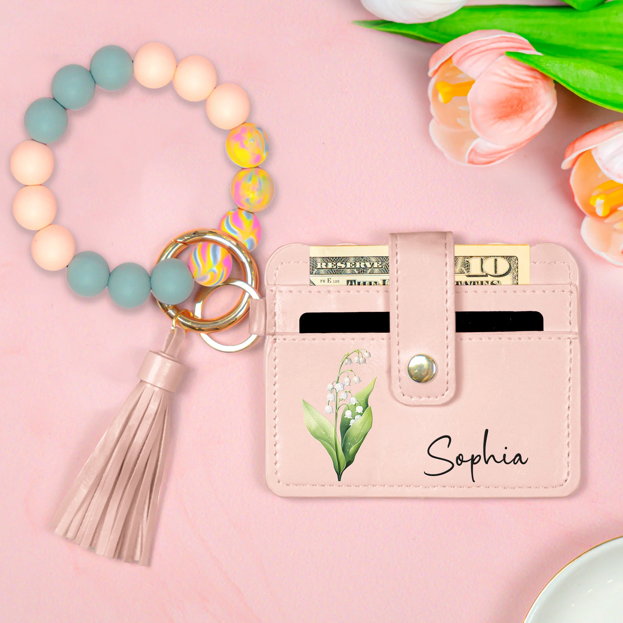 Birth Month Flower Gift For Her - Personalized Keychain Wristlet Leather Wallet - Image 2