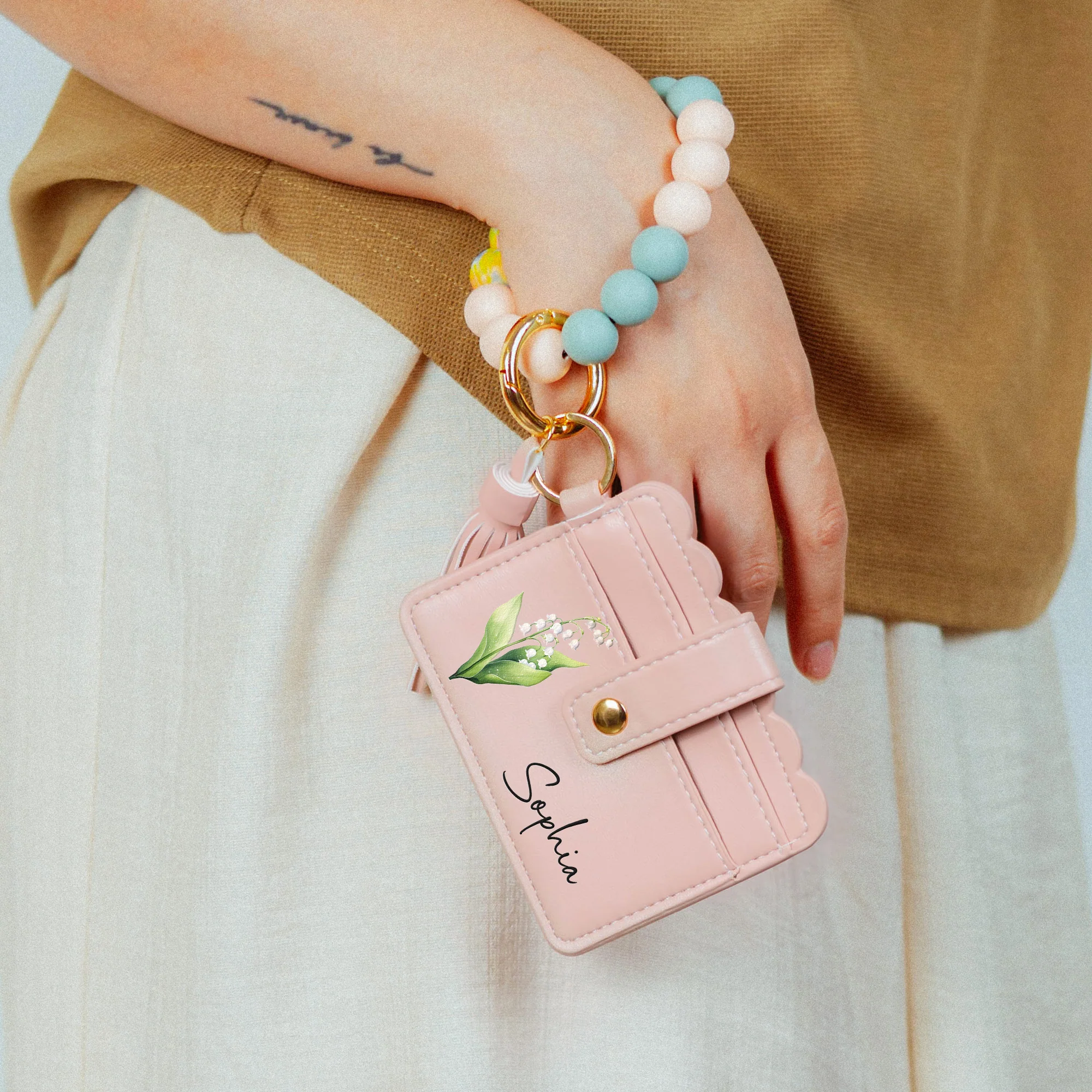 Birth Month Flower Gift For Her - Personalized Keychain Wristlet Leather Wallet - Image 3