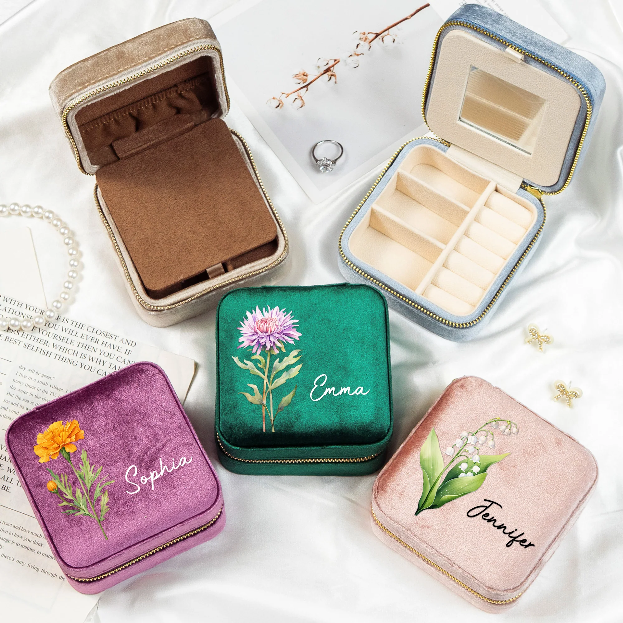 Birth Month Flower Gift For Her Velvet Travel Jewelry Box - Personalized Jewelry Box - Image 2